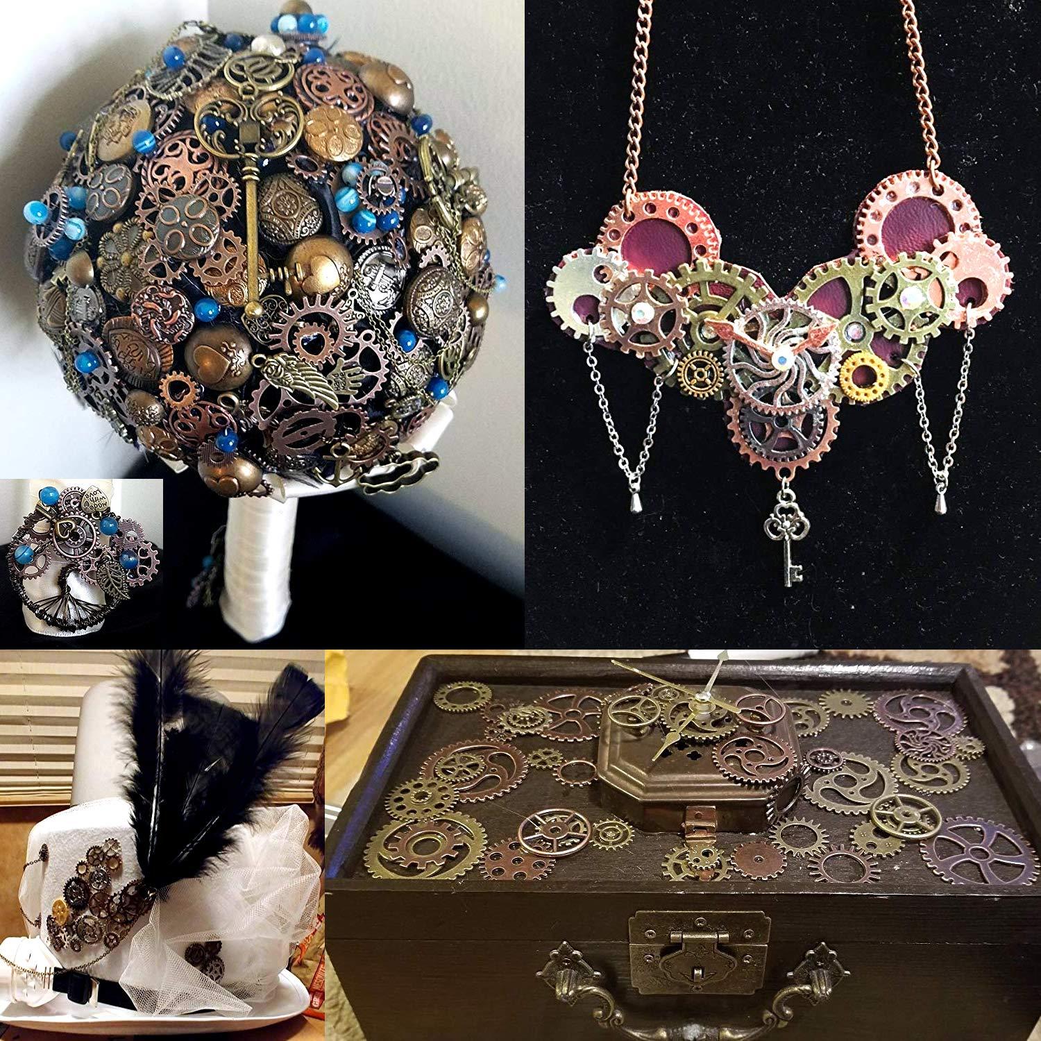BIHRTC 140 Gram (Approx 92pcs) DIY Assorted Color Antique Metal Steampunk Watch Gear Cog Wheel Skull Musical Note Skull Hand Safety Pin Charms Pendant for Crafting, Jewelry Making Accessory - Image 6