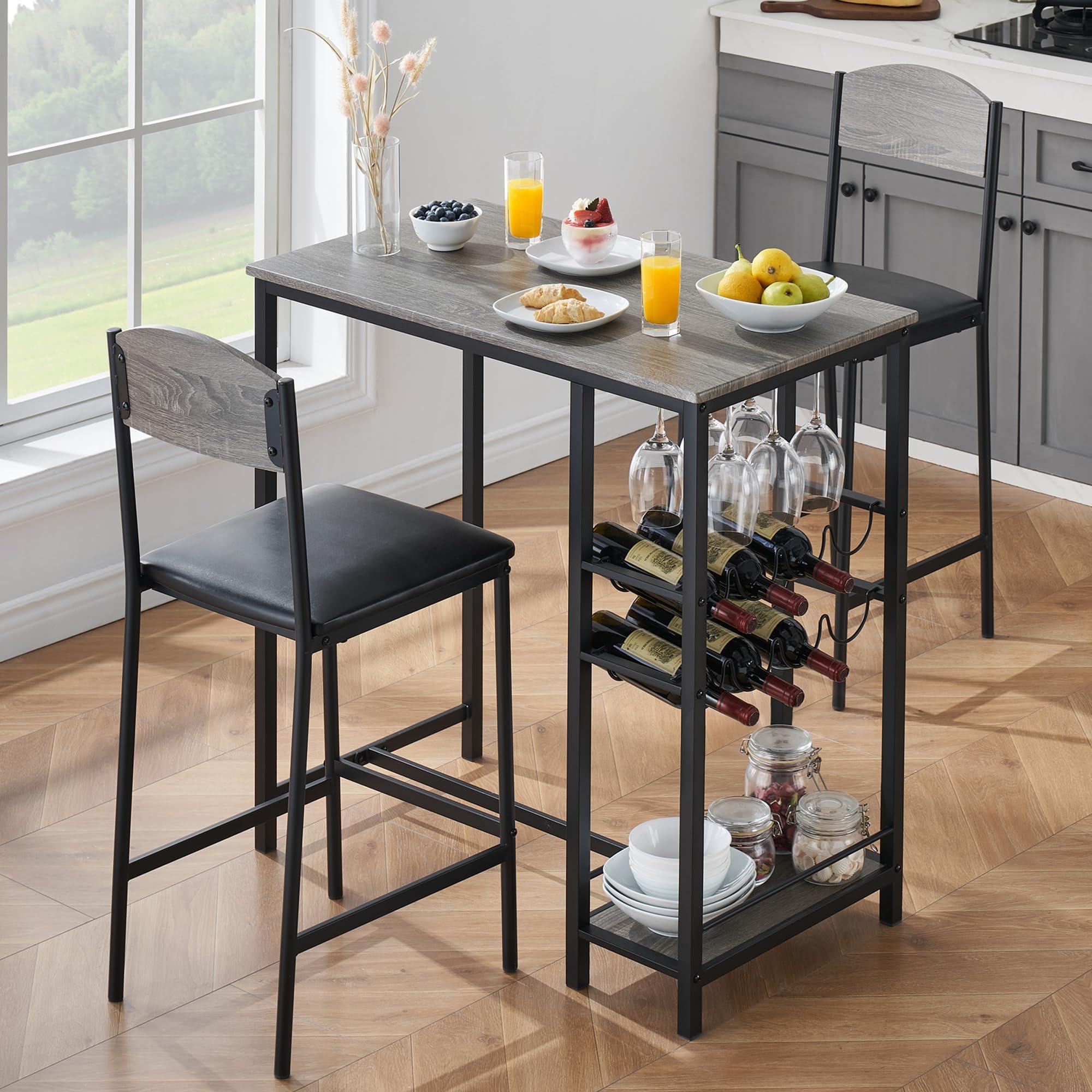 GarveeHome Dining Table Set for 2, Small Kitchen Room Table Set for 2 with Storage Shelf and Wine Rack, Space Saving Bar Table and Chairs Set of 2, Metal Frame and Pu Cushion, Gray - Image 3