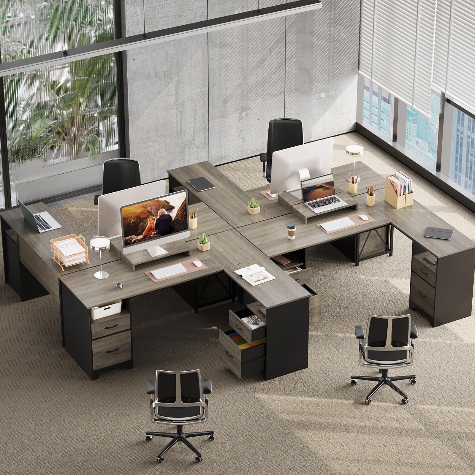 Bestier L Shaped Desk with 4 Drawers, 63" x 47" Executive Desk with Open Storage & Monitor Stand, Corner Desk with 2 File Drawers & Modesty Panel for Home Office, Gray - Image 8
