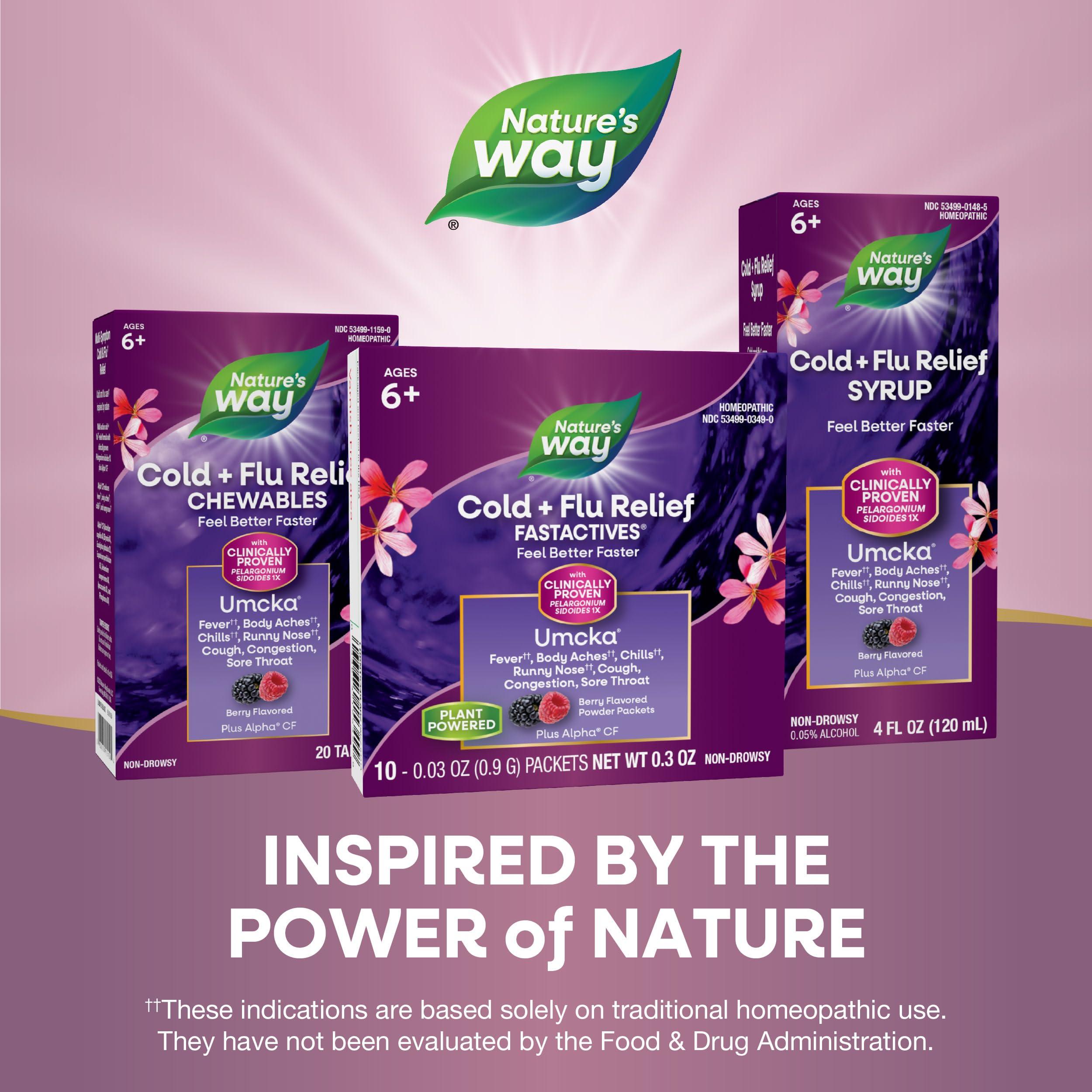 Nature's Way Cold + Flu Relief FastActives, Umcka, Homeopathic, Fever*, Sore Throat, Cough, Congestion, Body Aches*, Phenylephrine Free, Non-Drowsy, Berry Flavored, 10 Packets (Packaging May Vary) - Image 7