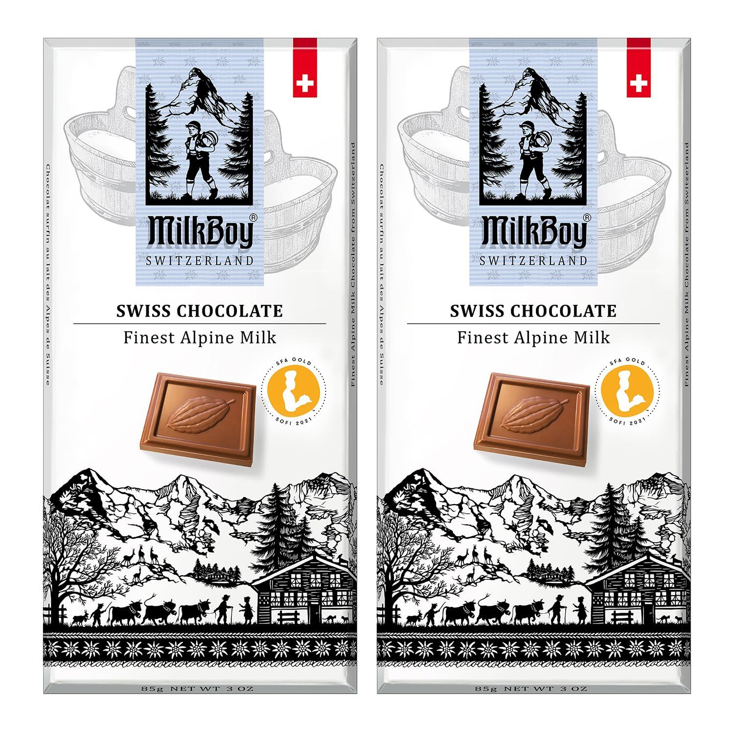 Milkboy Swiss Chocolate Bars - Premium Swiss Alpine Milk Chocolate - Smooth European Milk Chocolates Gift - Sustainably Farmed Cocoa - Gluten Free - 3 oz, Pack 2