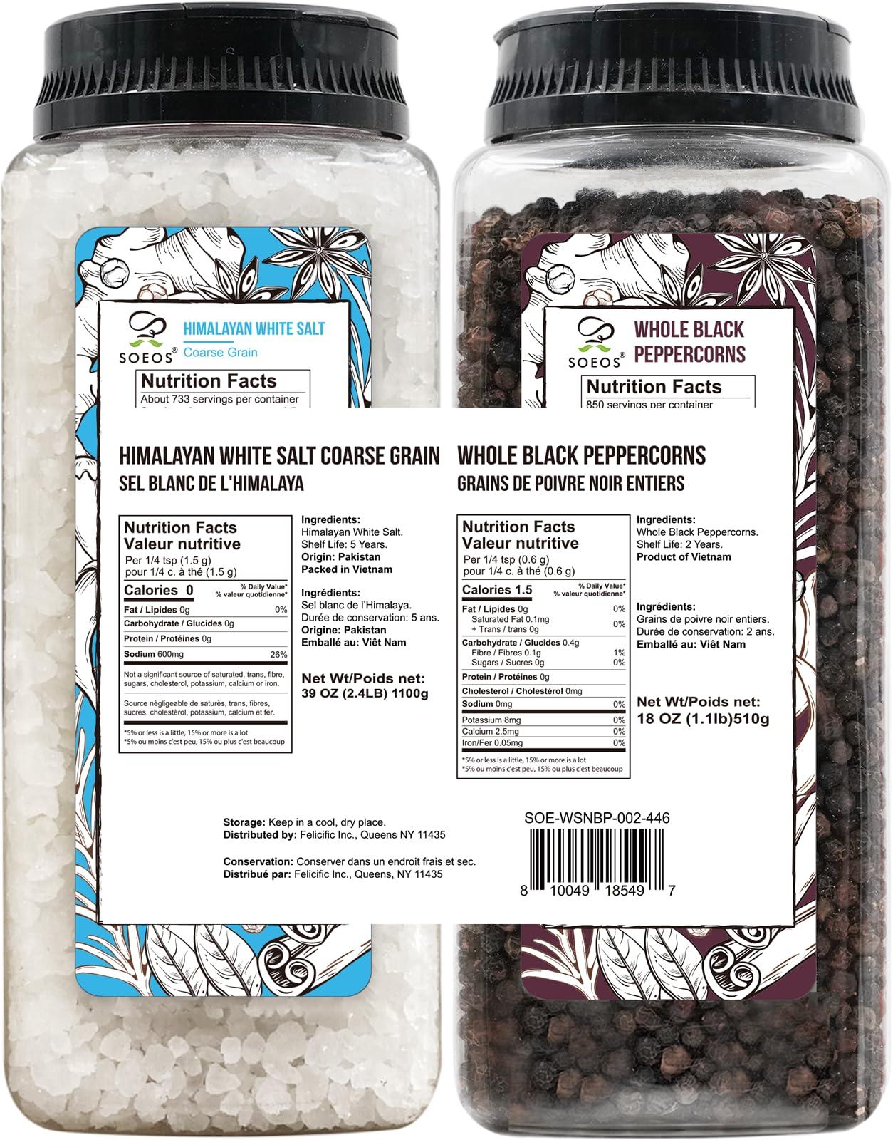 Soeos Himalayan Sea Salt, 39 oz (2.4 lb) + Whole Black Peppercorns, 18oz (1.1 lb) White Himalayan Salt Coarse Grain, Whole Black Peppercorns, White Salt in Grinder, Salt and Pepper Refill - Image 2