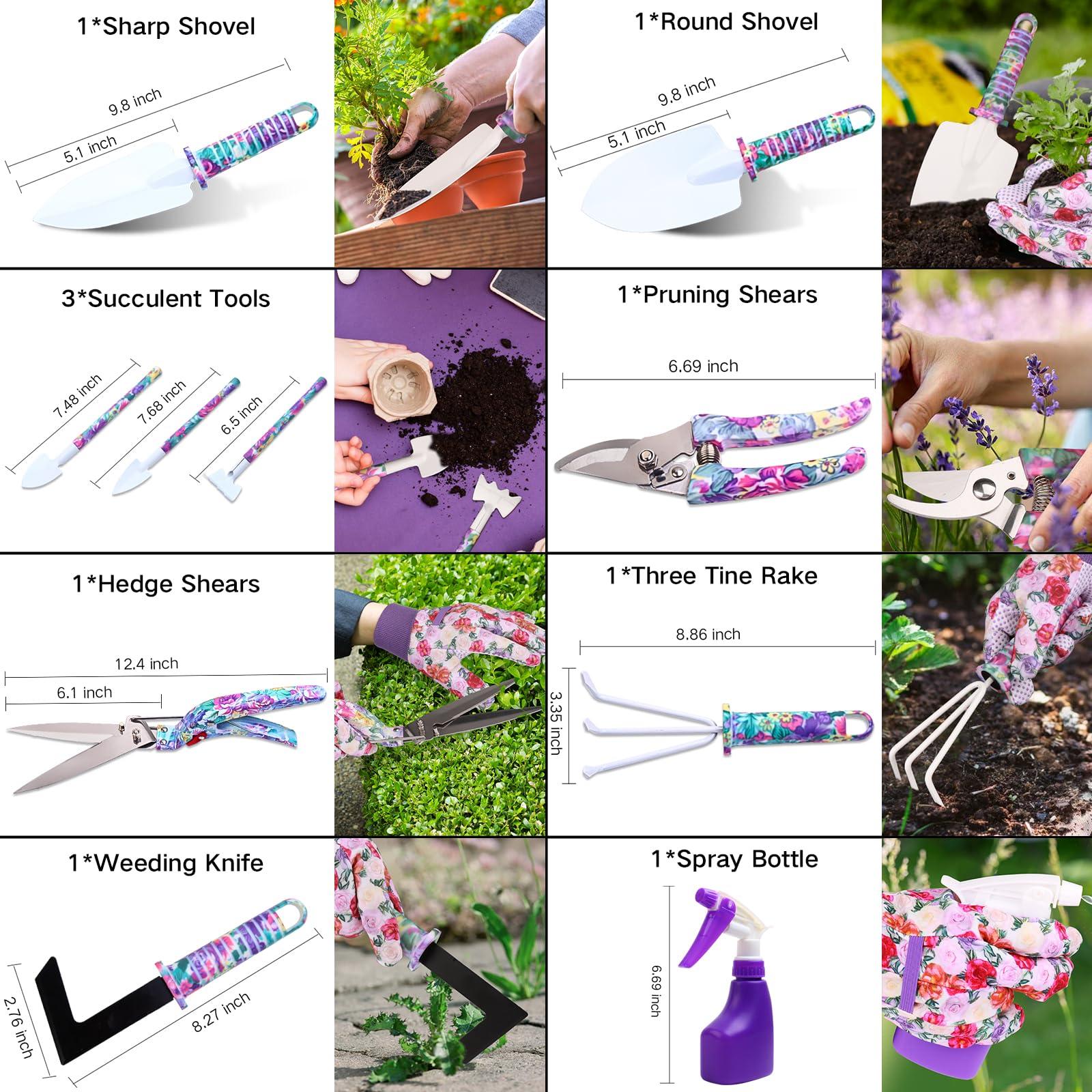 Garden Tools Set, JUMPHIGH 10 Pieces Gardening Tools with Floral Print, Ergonomic Handle Trowel Rake Weeder Pruner Shears Sprayer, Garden Hand Tools with Carrying Case Gardening Gifts for Women Father - Image 4