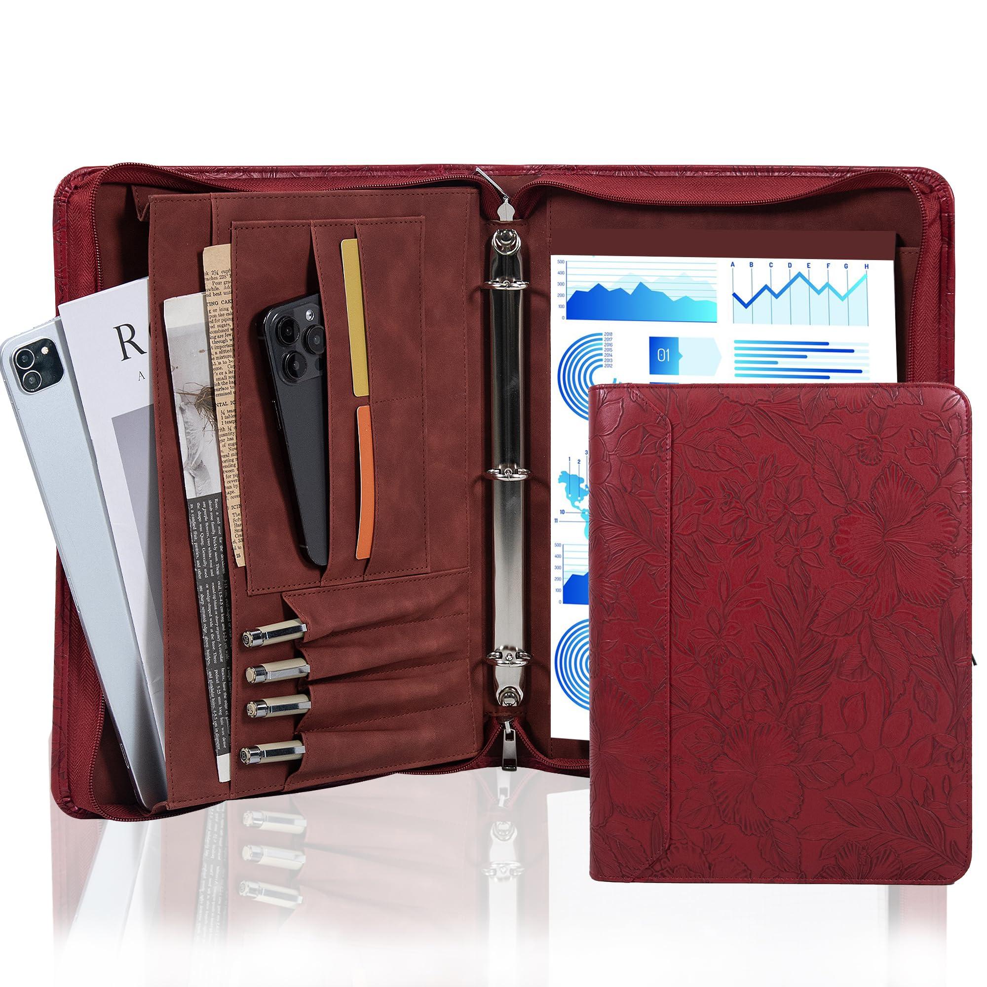 AZXCG Embossed Portfolio Binder,3-Ring Zipper Padfolio for Women and Men,A4/Letter Size,PU Leather with iPad,Professional Organizer for Resume/Interview (Red)