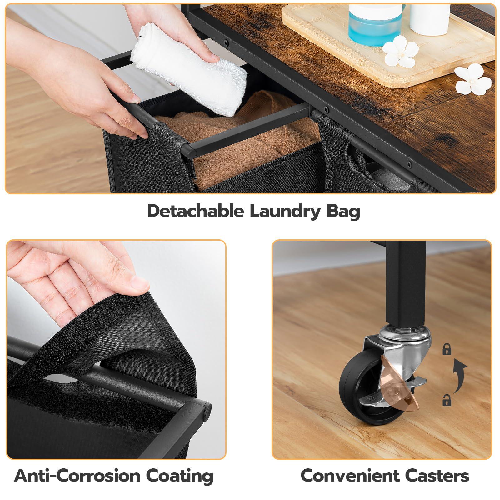 HOOBRO Laundry Sorter 3 Section, Laundry Hamper with Wheels, 3 × 11.5 Gal (43.5 L), Rolling Laundry Basket, Pull-Out and Removable Oxford Fabric Laundry Bags, Rustic Brown and Black BF76XY01 - Image 5