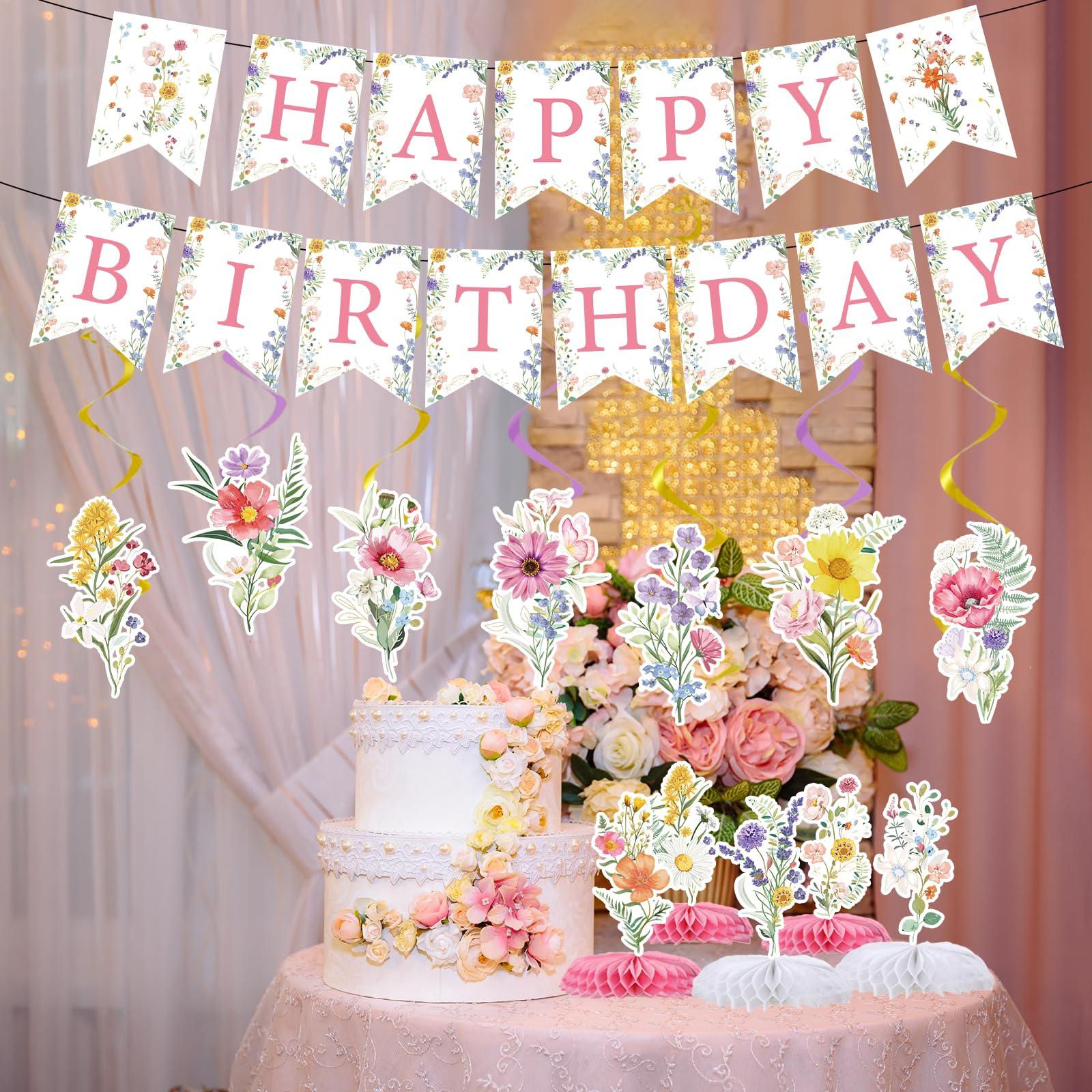 Rngmsi Flower Birthday Decorations for Girls Women, 14PCS Wildflower Floral Happy Birthday Banners Hanging Swirls and Honeycomb Centerpieces Decor Supplies - Image 2