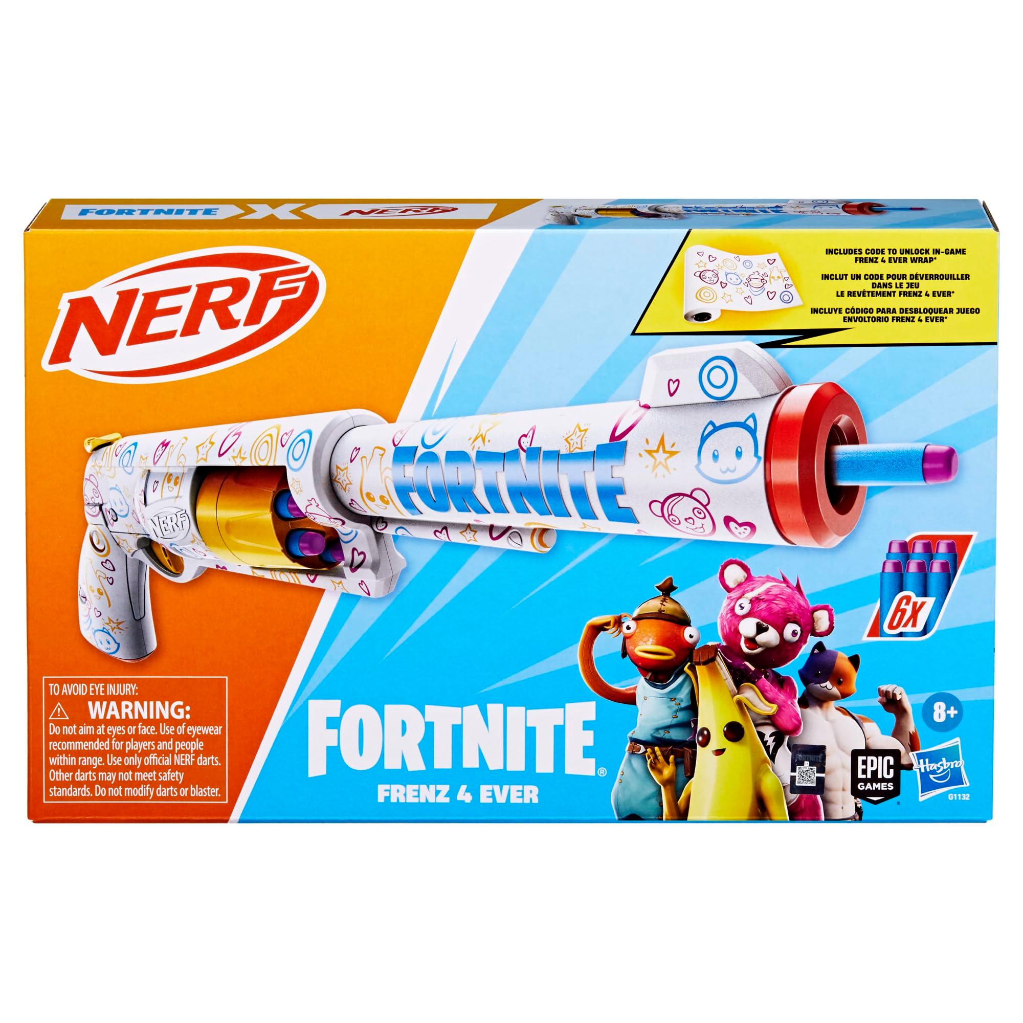 Nerf Fortnite Frenz 4 Ever Blaster, Bonus Code to Unlock Frenz 4 Ever Wrap in The Game, 6 Elite Darts, 6-Dart Drum, Fortnite Gifts