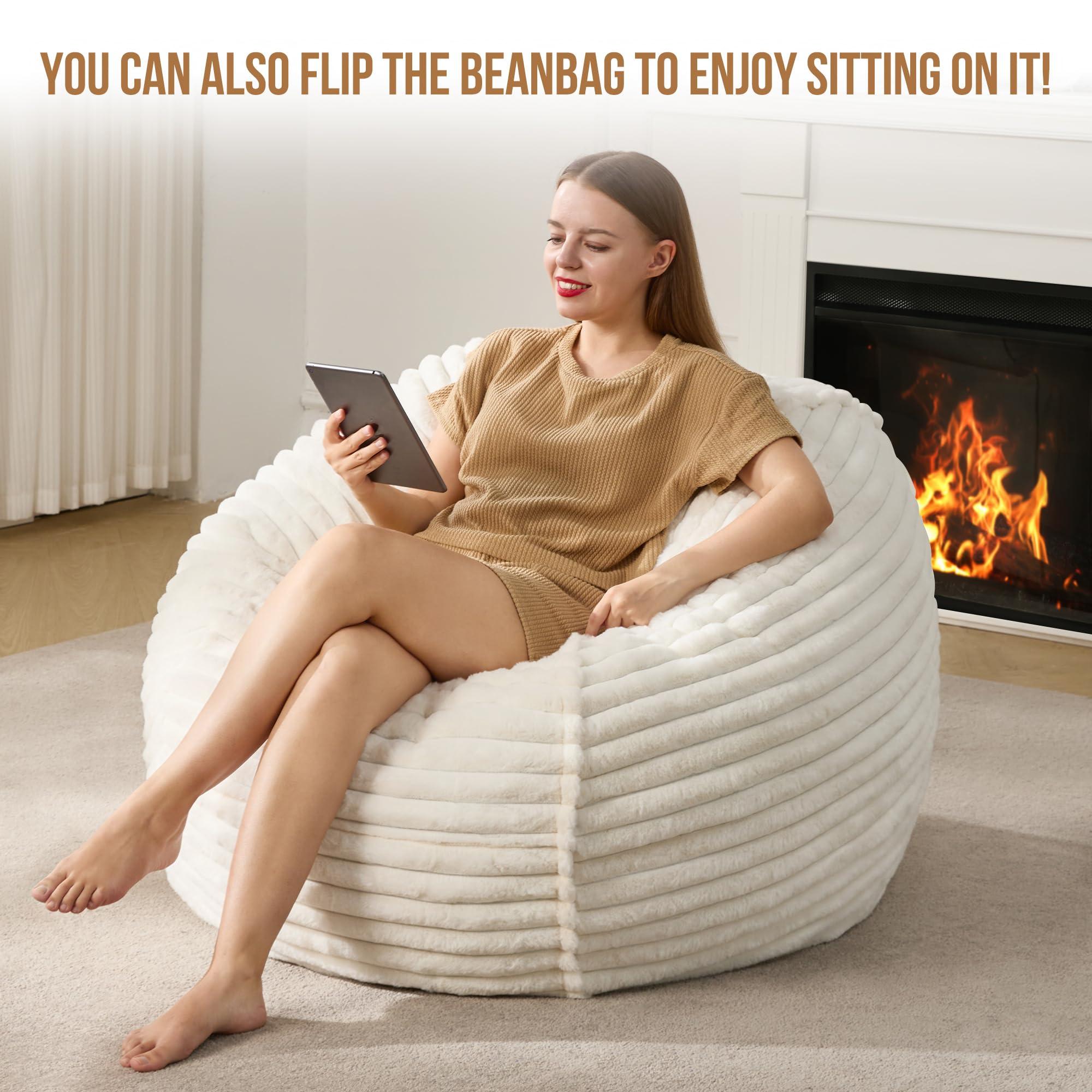 Hobestluk 3ft Bean Bag Chairs for Adults Large Beanbag Chair with Stripe Plush Cover Big Bean Bag Chair for Living Room Bedroom Dorm Office - White (36” x 36” x 22”) - Image 3