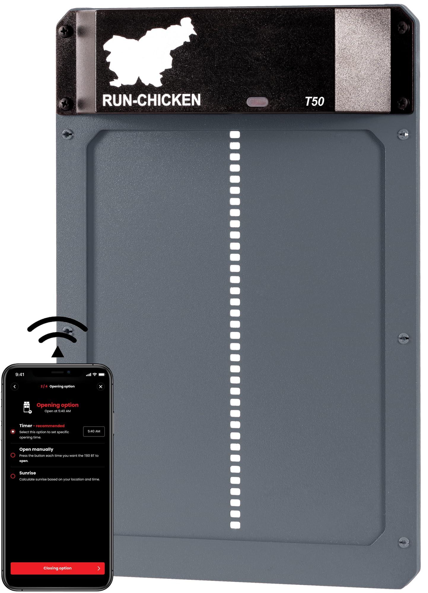 RUN-CHICKEN Door Automatic Chicken Coop Door Opener with Timer, Programmable Light Sensor, Battery Powered, Evening and Morning Delay, Aluminum , Model T50, (Gray)