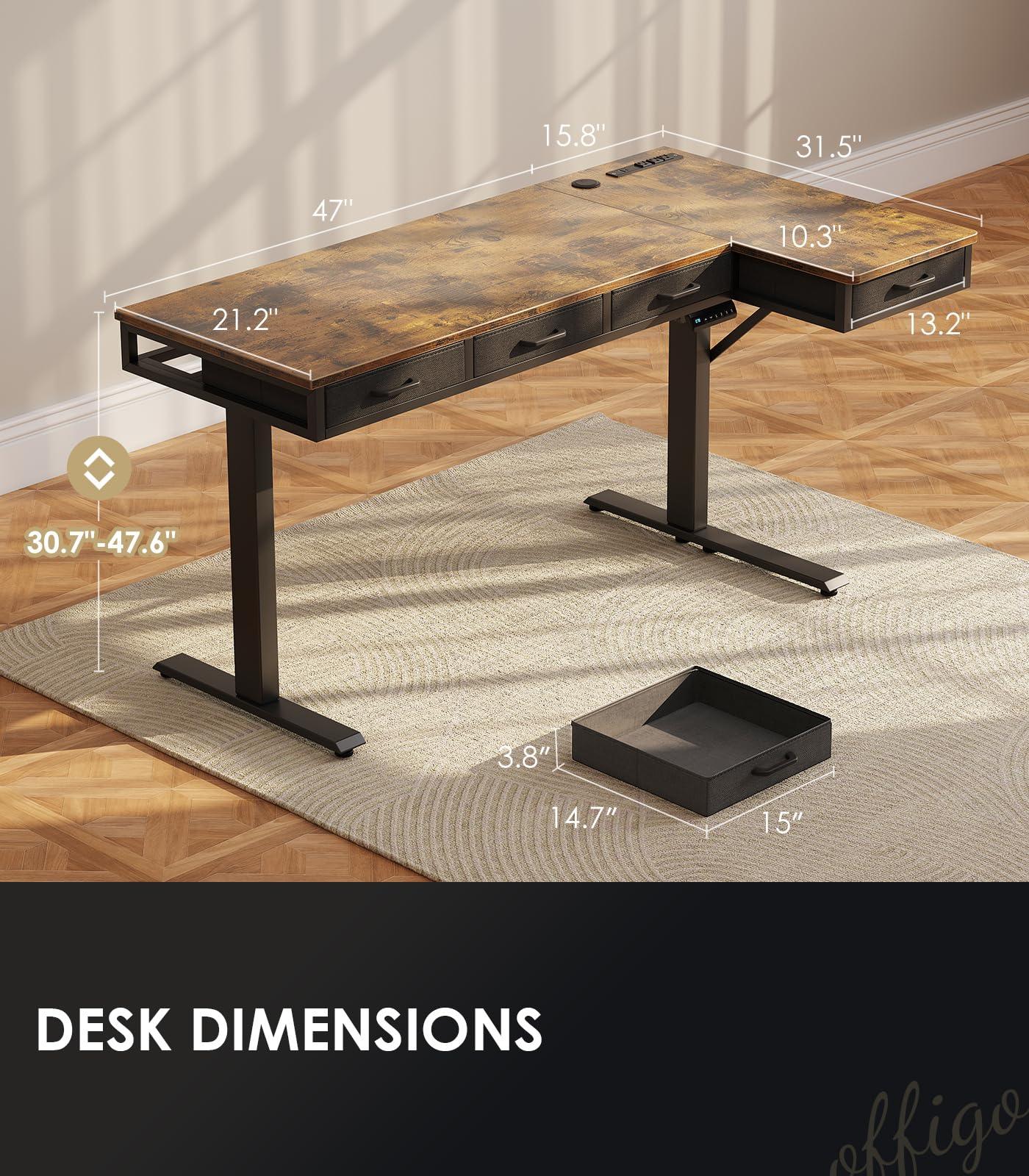 OffiGo 63 Inch L Shaped Electric Standing Desk with Drawers, Height Adjustable Large Desk with Power Outlets, Sit Stand Table, Writing Computer Desk for Home, Office, Workstation, Rustic Brown - Image 3