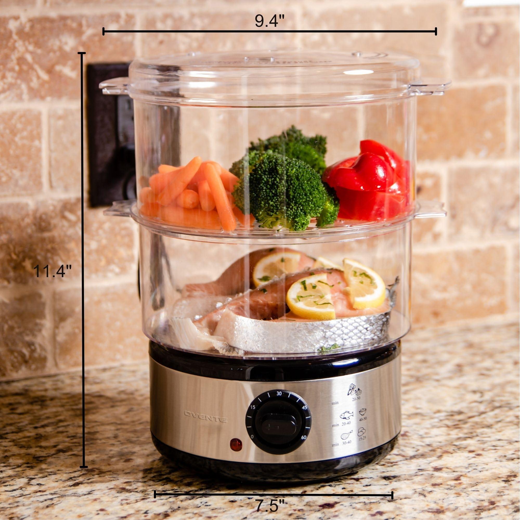 OVENTE 2 Tier Electric Food Steamer for Cooking Vegetables, Stainless Steel Base, Stackable and Dishwasher Safe Baskets, 400W with Auto Shutoff and 60-Minute Timer, 5 Quart Capacity, Silver FS62S - Image 3