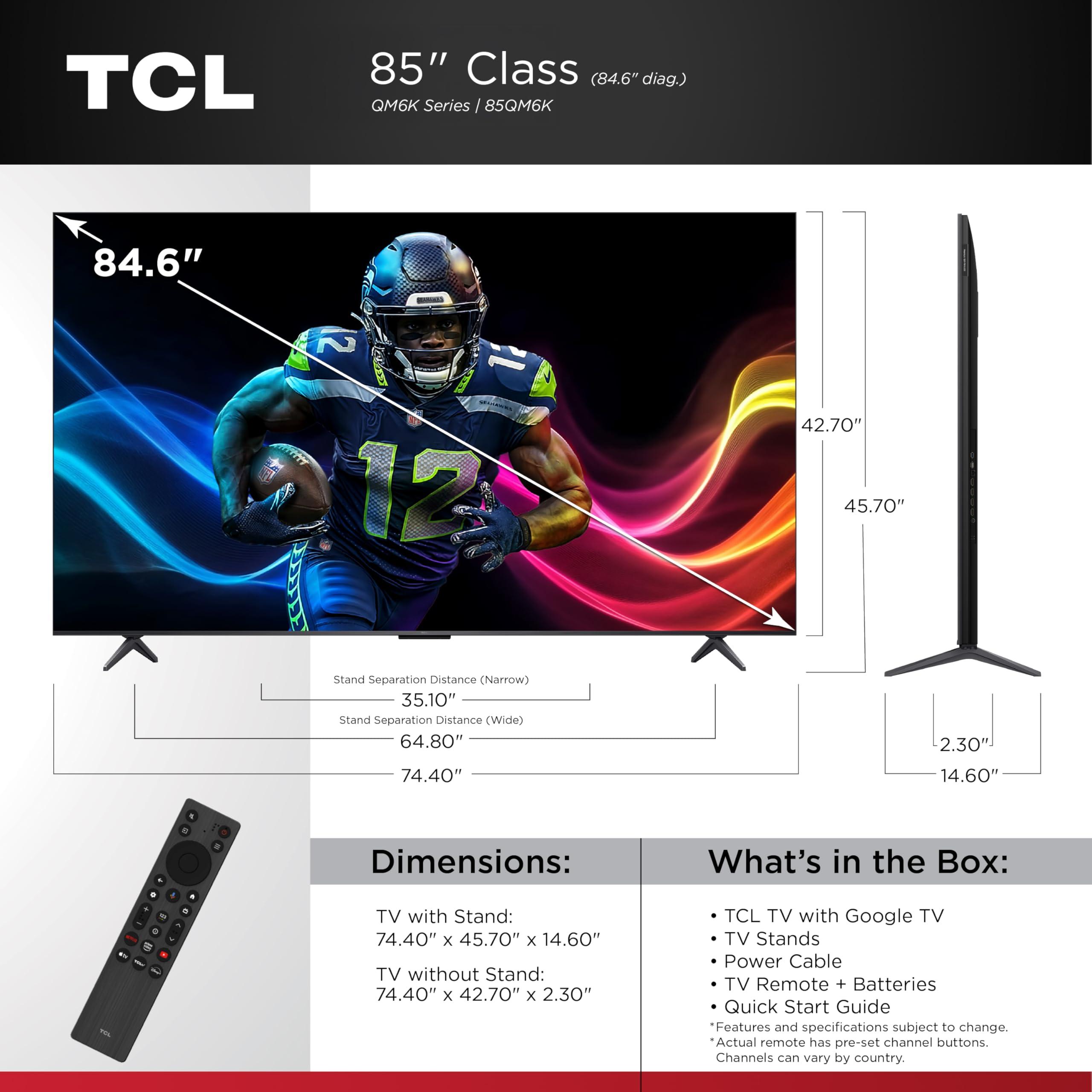 TCL 85-Inch Class QM6K Series QD-Mini LED 4K UHD Google Smart TV Best Value Mini-LED TV - QLED, 144hz, 288hz Gaming Rate, High Contrast Screen, Onkyo Audio, Dolby Atmos (85QM6K, 2025 Model) - Image 3