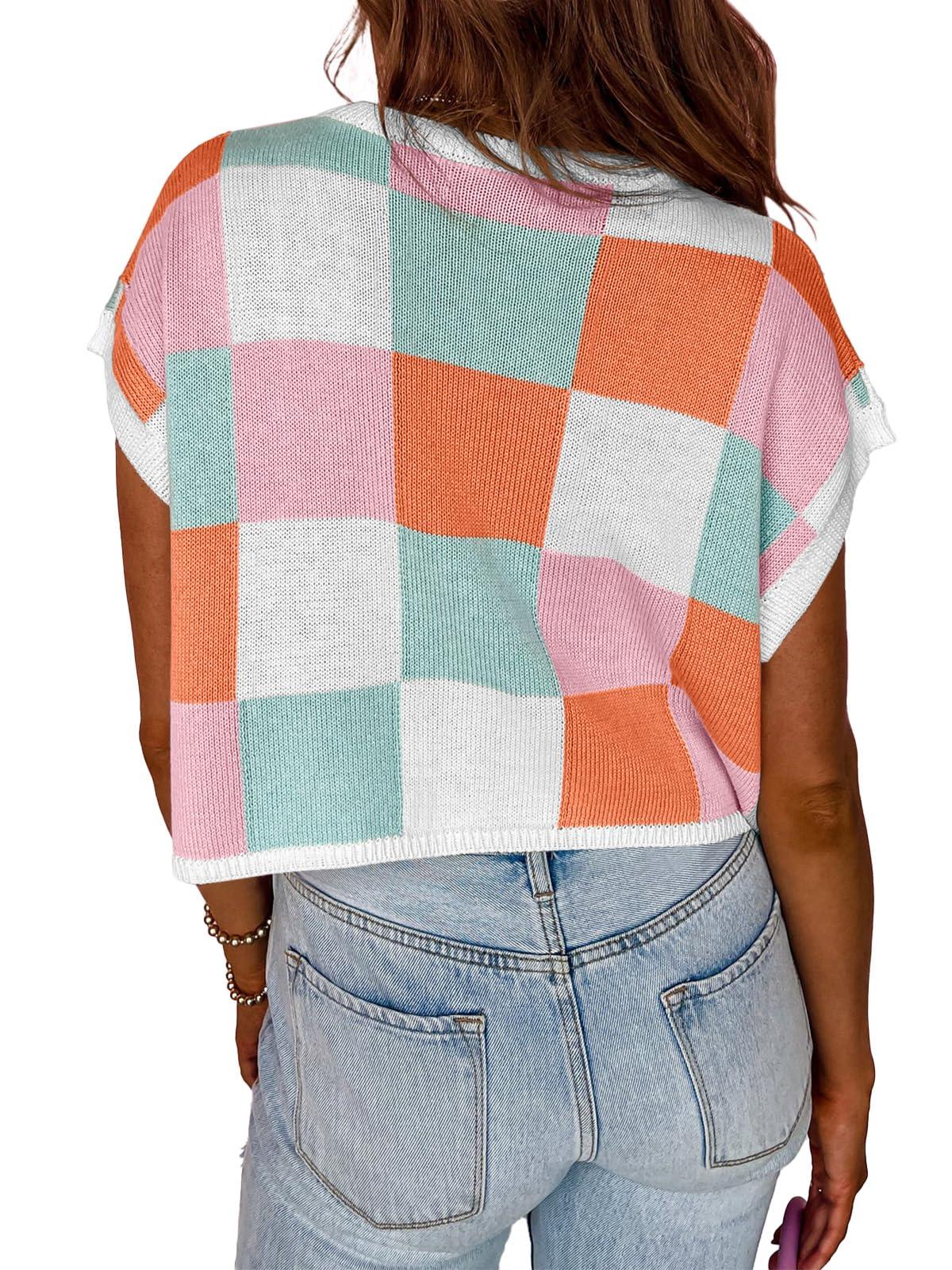 Saodimallsu Womens Cap Sleeve Crop Tops Summer Color Block Going Out Crew Neck Knit Trendy Casual Sweater - Image 4