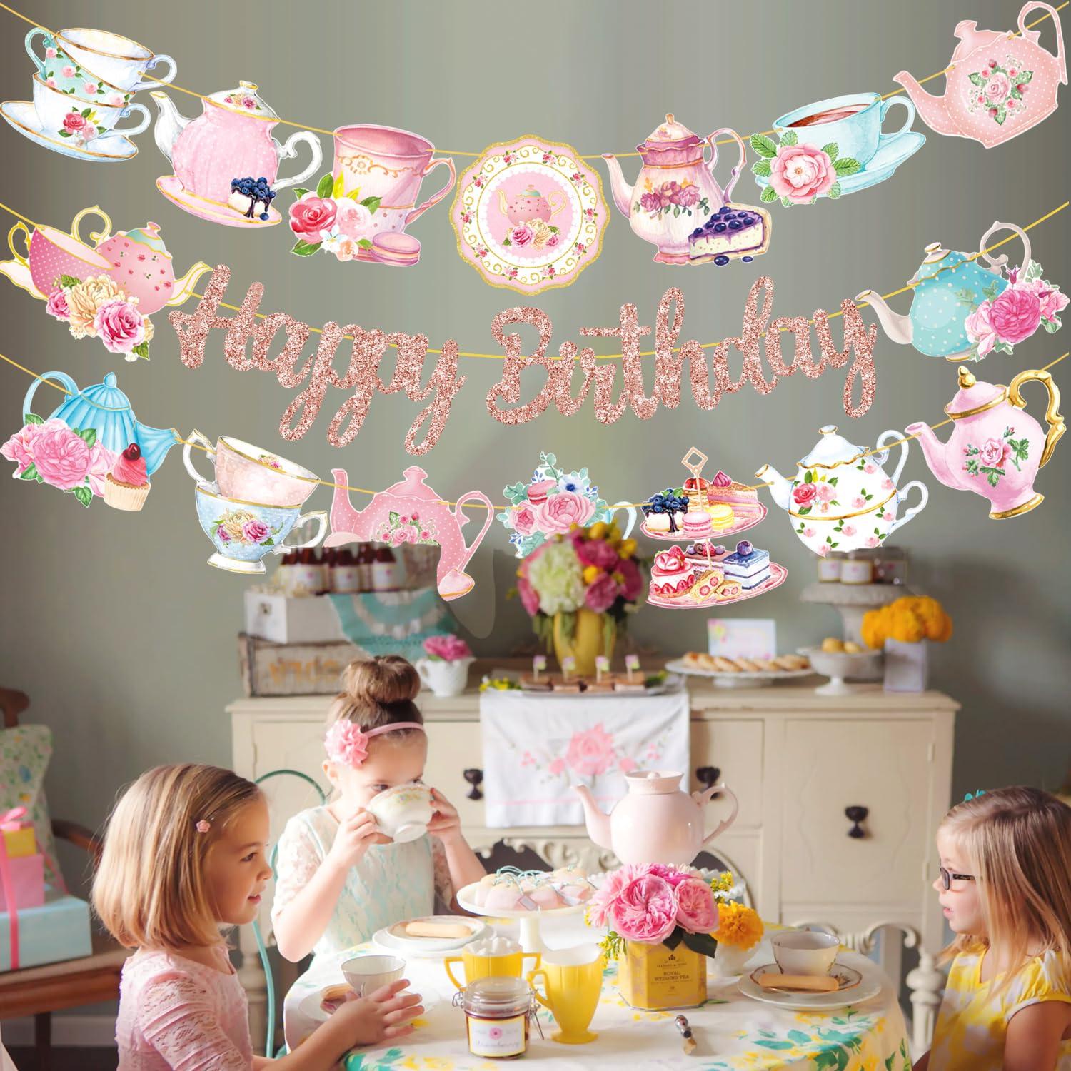 Tea Party Birthday Banner Rose Gold Tea Themed Happy Birthday Banners Floral Mother's Day Party Decoration Teapot Cutout Banner for Afternoon Tea Baby Shower Supplies - Image 9