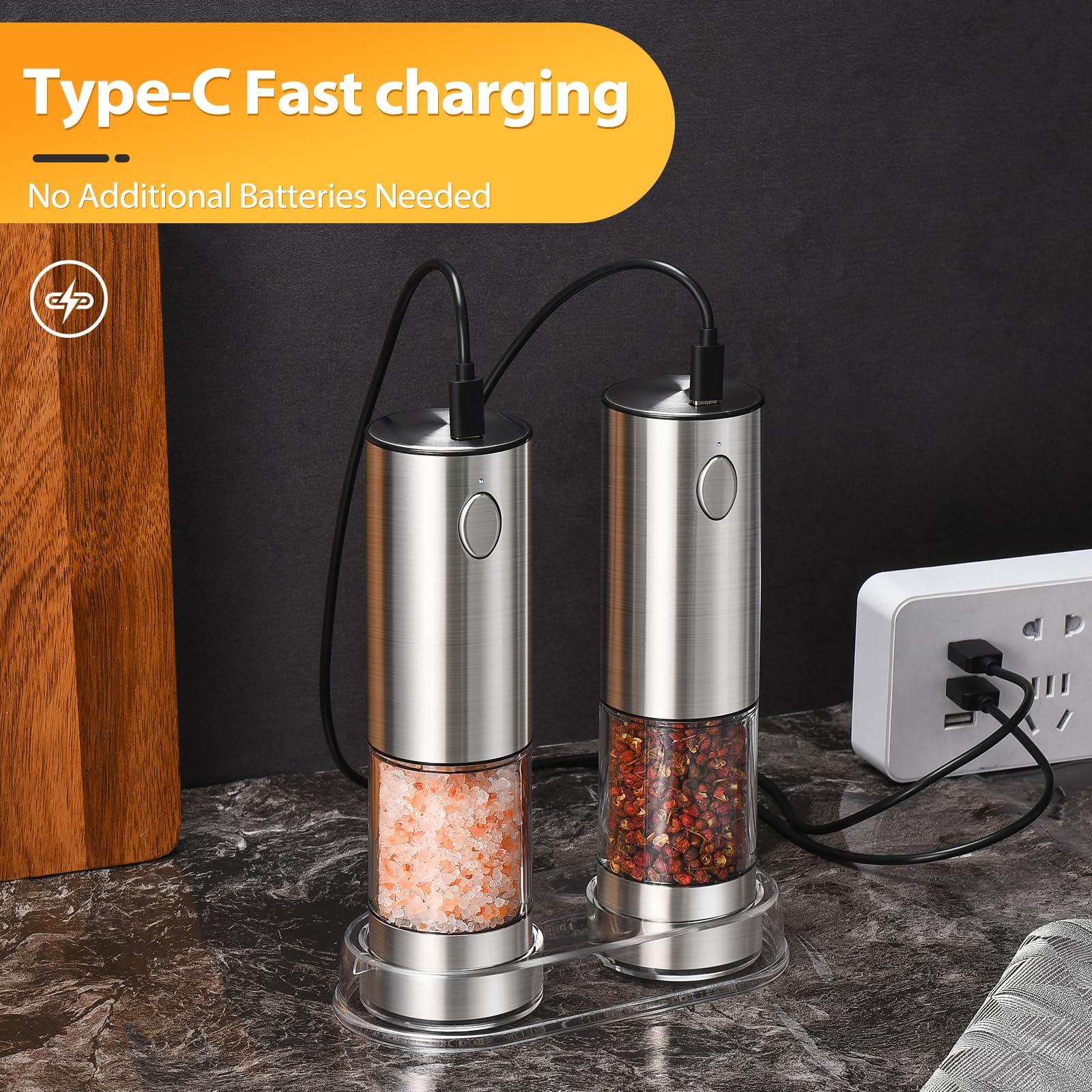 [Upgraded Larger Capacity] Rechargeable Electric Salt and Pepper Grinder Set with Storage Base,Stainless Steel Pepper Mills with LED Lights & Adjustable Coarseness One-Hand Operation, Silver (2 Pack) - Image 2