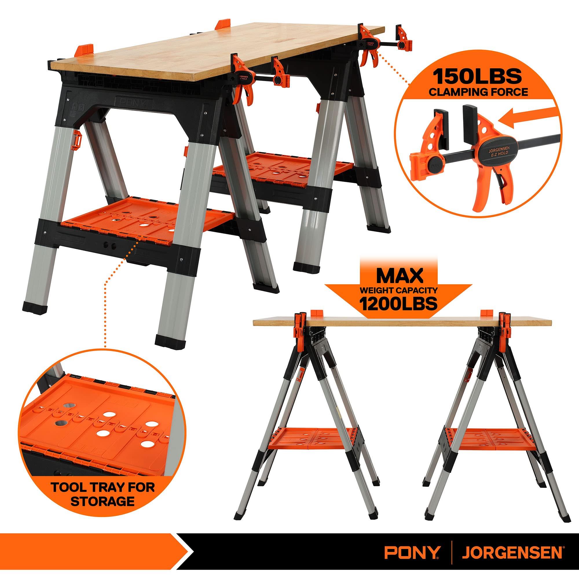 PONY 2-Pack Clamping Sawhorses, 1200 LBS Load Capacity, 30-3/4" Folding Sawhorse with 12” F Clamps, Bench Dogs, Angle Clamps, 2" Spring Clamps, Steel Legs, Heavy Duty for Woodworking - Image 5