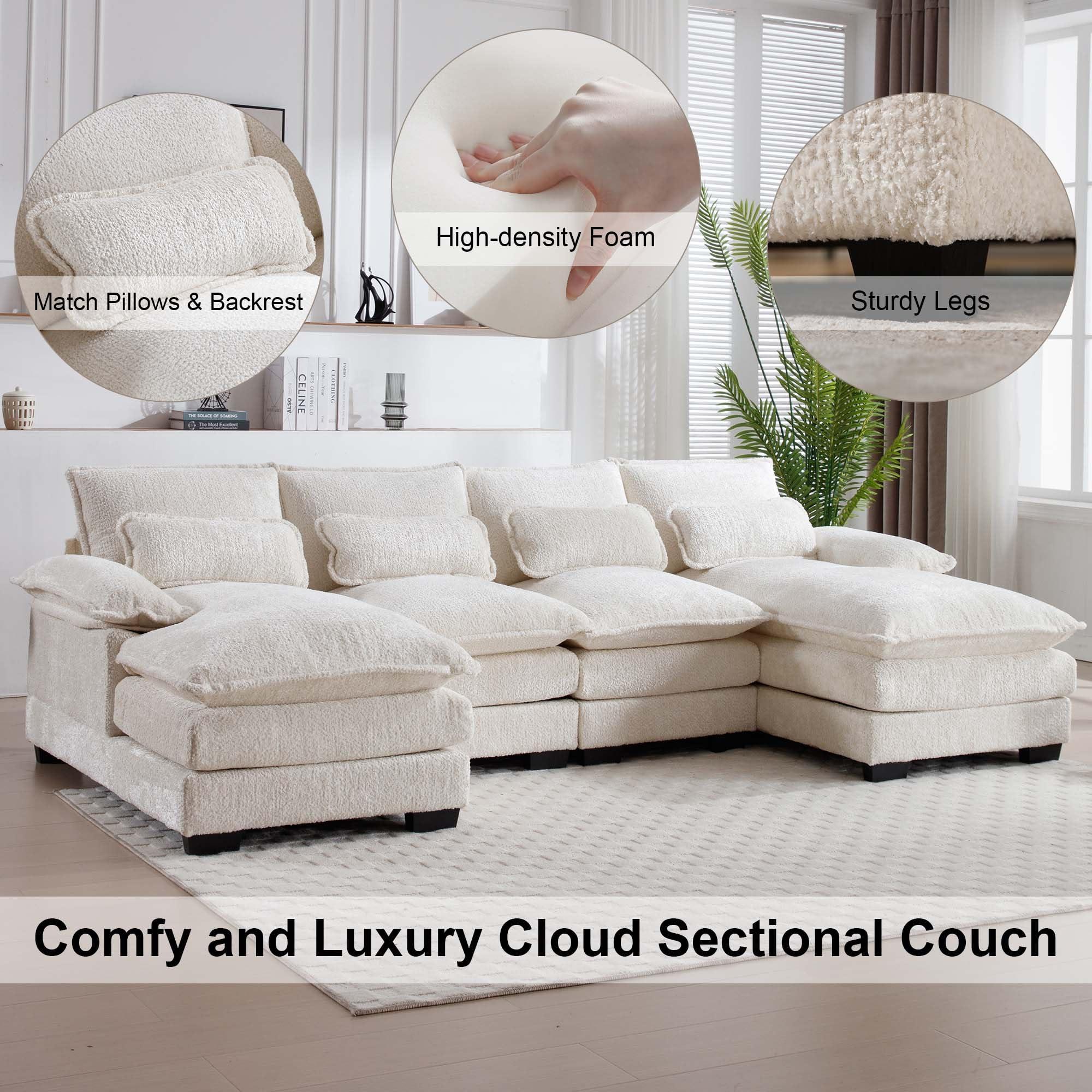 GNIXUU U Shaped Cloud Couch, 110" Chenille Comfy 4 Seat Sectional Couches for Living Room, Modular Sofa Sleeper with Double Chaise & Memory Foam for Apartment(Beige) - Image 4