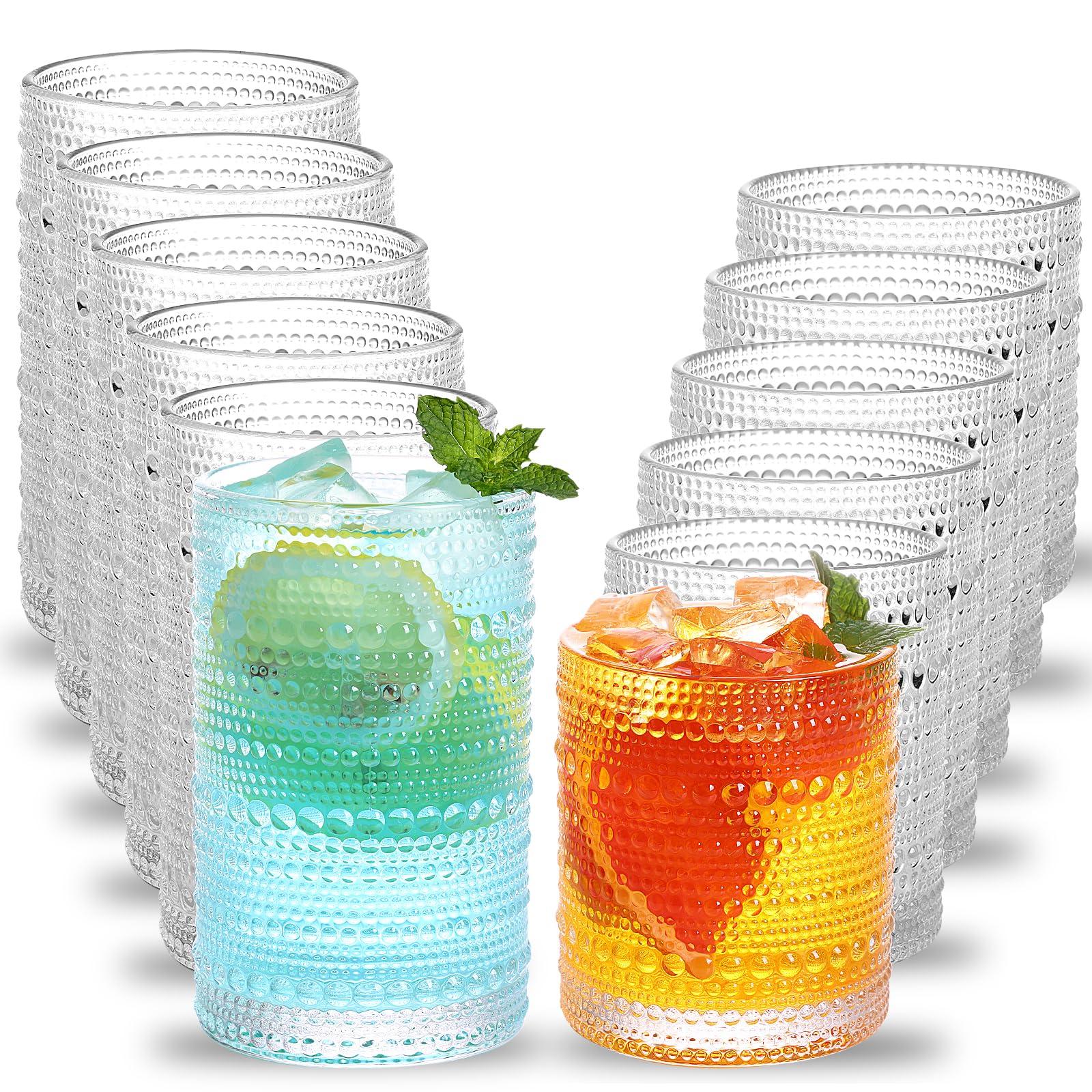 Moretoes Hobnail Drinking Glasses Set of 12, 12 Oz Highball Glasses & 10 Oz Cocktail Glasses, Clear Embossed Boho Glass Cups Kitchen Bar Tumbler Glassware Set for Whiskey, Beer, Juice, Milk