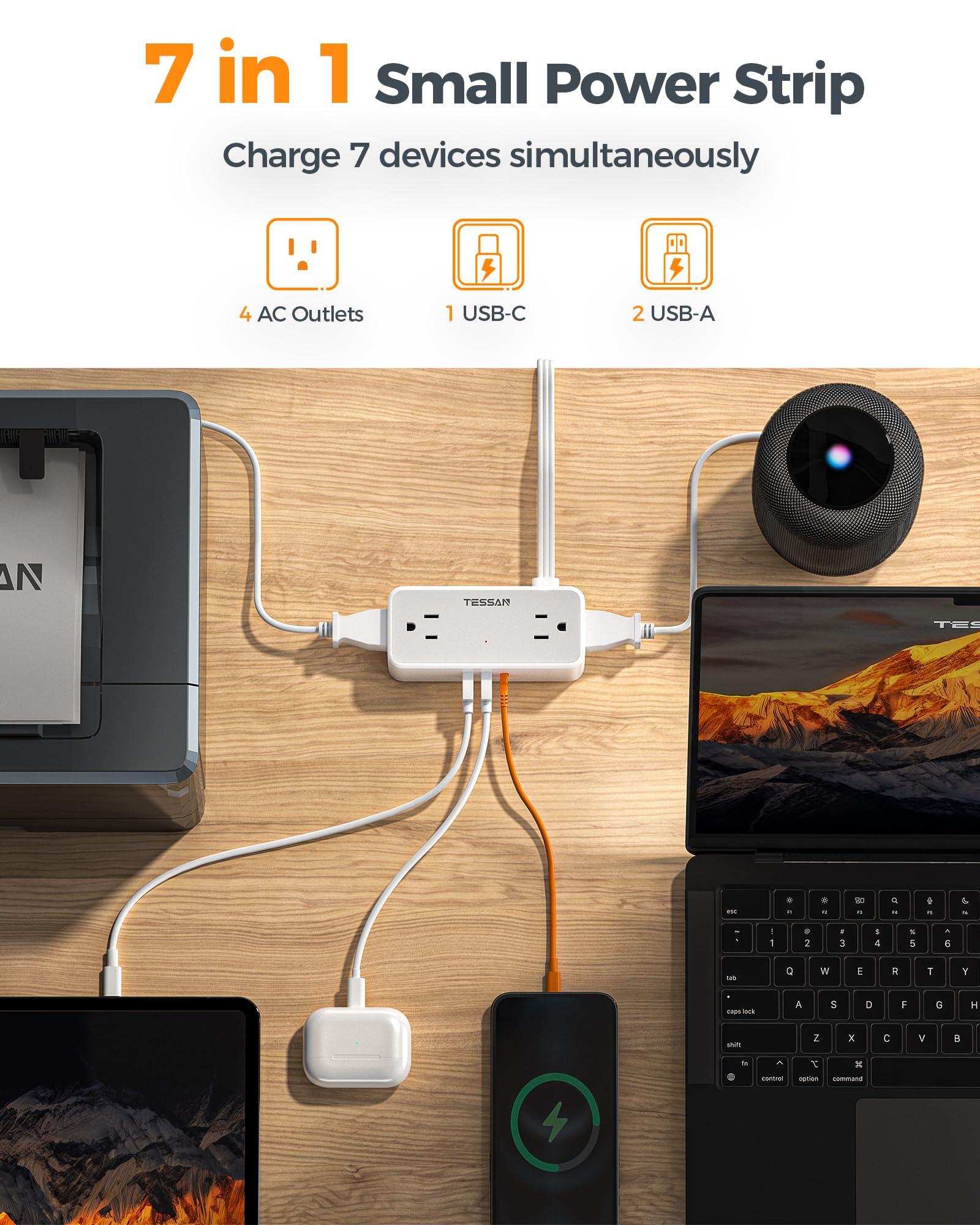Flat Plug Extension Cord 5 FT, TESSAN Surge Protector Power Strip with 4 AC Outlets 1 USB C and 2 USB A Ports, 900 Joules Protection, Multiple Wall Outlet Extender Suitable for Home Office Dorm - Image 2