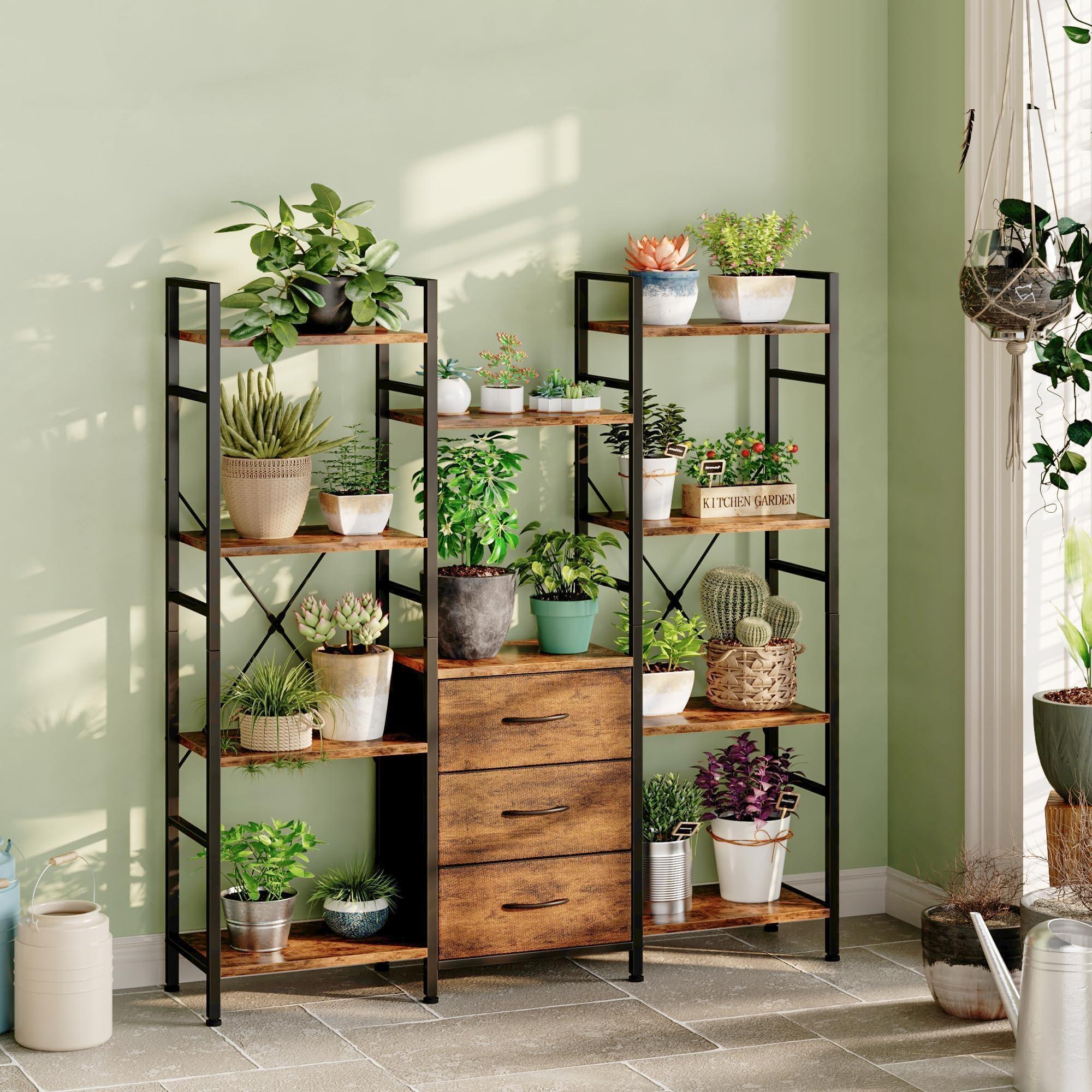 AFLUI Triple Bookshelf with 3 Fabric Drawers, 4-Tier Book Shelf and 10 Display Shelves, Industrial Large Bookcase for Home & Office, Rustic Brown, 47'' Wide - Image 9