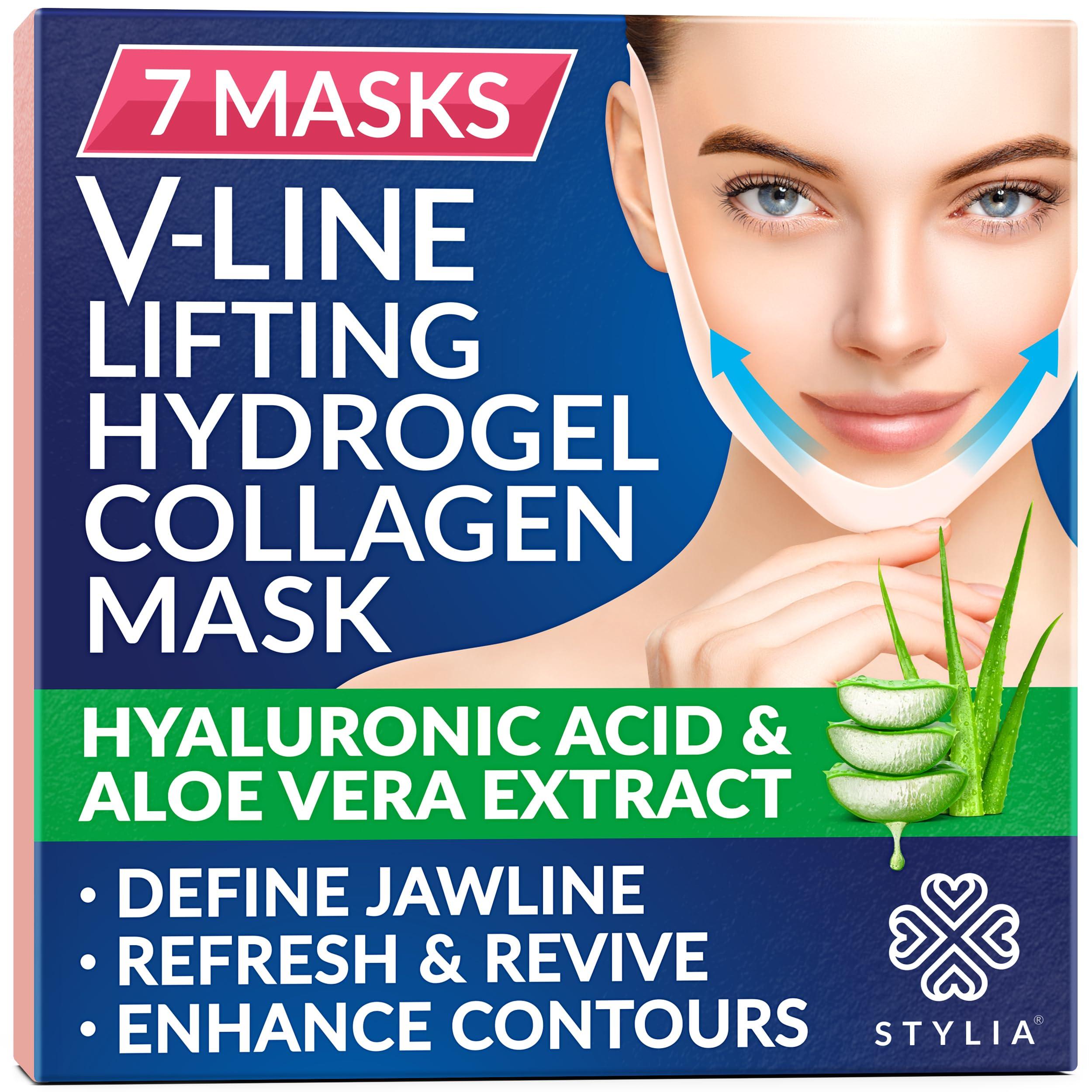 Stylia V Line Lifting Collagen Face Mask - Double Chin Strap for Women - Jawline Shaper Face Lift Tape - Neck Lift Collagen Mask - Chin Strap for Sleeping - Hyaluronic Acid, Aloe Vera, Cica 7PC