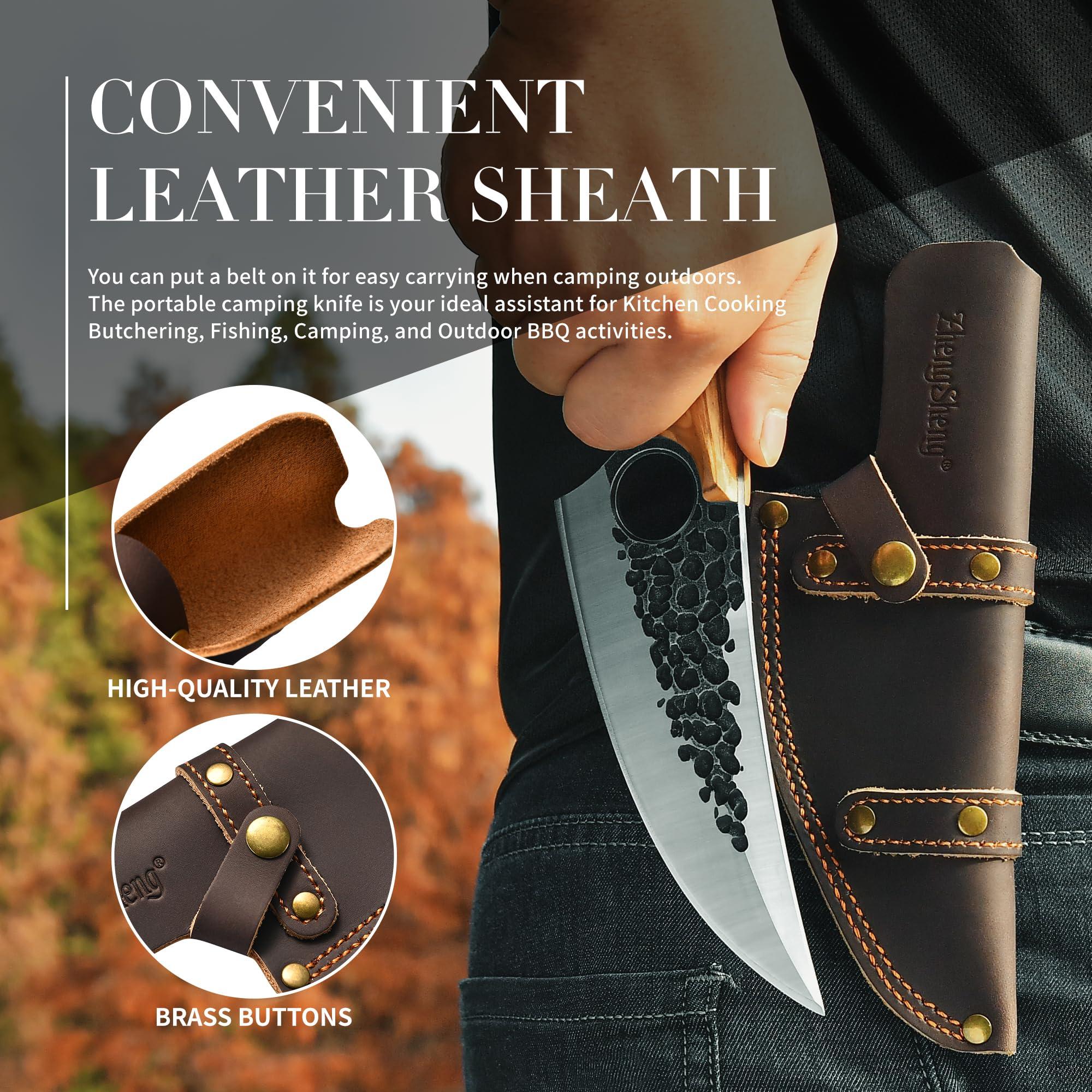 ZhengSheng 6.0” Chef Knife, Great Kitchen Knife with Leather Sheath Olive Handle Forged Viking Cleaver Knive Japanese Style knives for Home Cooking, Camping, BBQ - Image 7