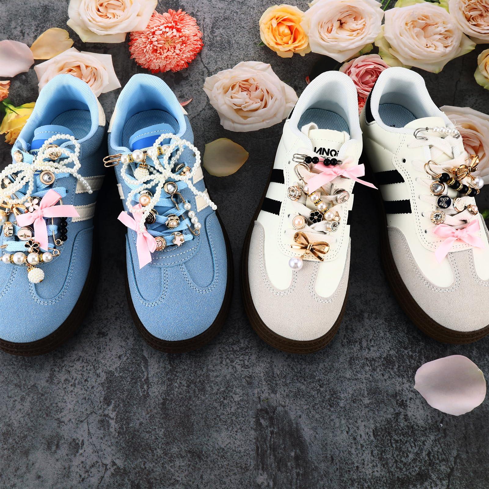 52Pcs Shoe Charms for Sneakers Bow Shoe Lace Charms Junk Sock Jewelry Kit for Women DIY Accessories Rhinestone Brooch Buttons Pearl Flower Clips Safety Pin Gold for Sneaker Hat Clothes Decoration - Image 7