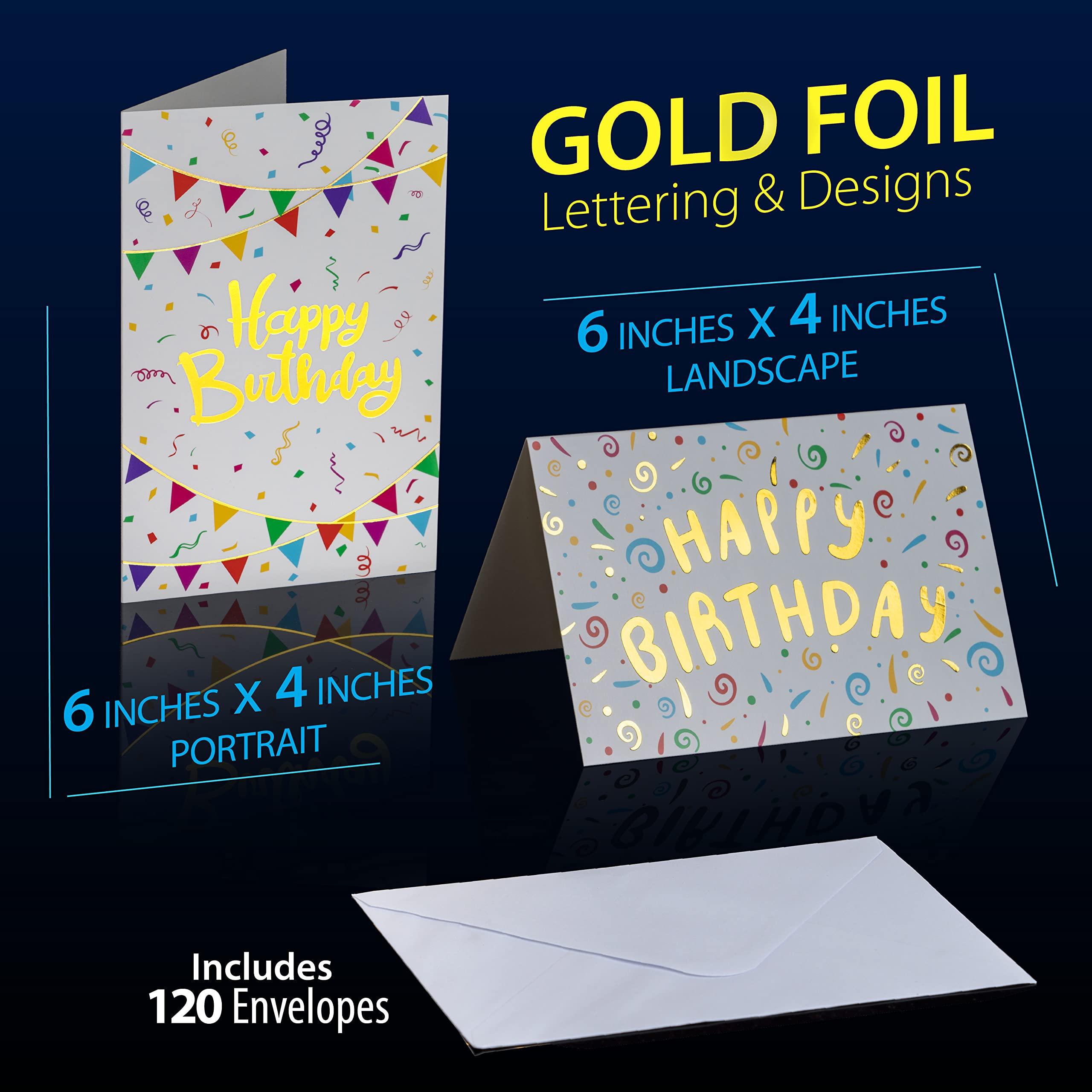 120 Pack Assorted Gold Foil Happy Birthday Cards with Envelopes, Organizer Box, Stickers, and Seals - 4x6 Inches, 8 Unique Designs, Ideal for Kids, Men, Women, and Elderly - Image 3