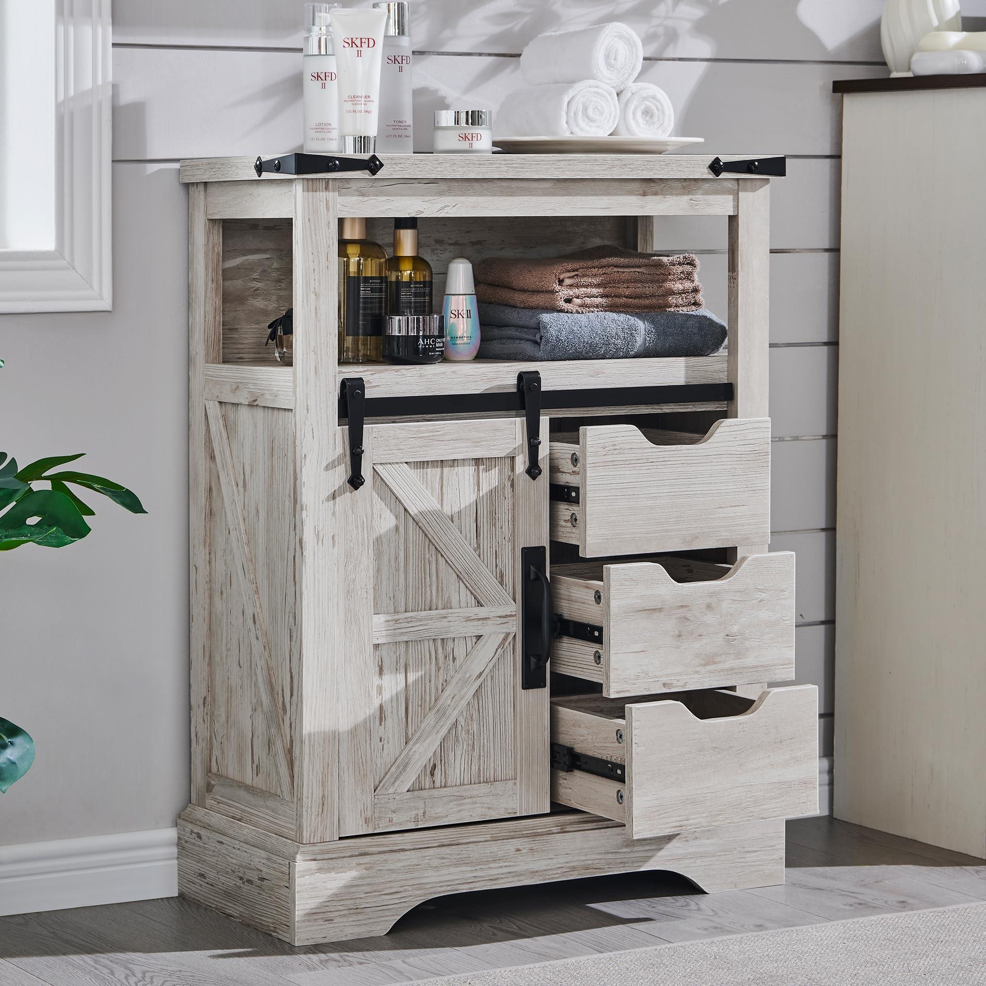 OKD Bathroom Floor Cabinet, Farmhouse Small Storage Cabinet with Sliding Barn Door & Drawers for Bathroom, Kitchen, Living Room, Antique Brush White