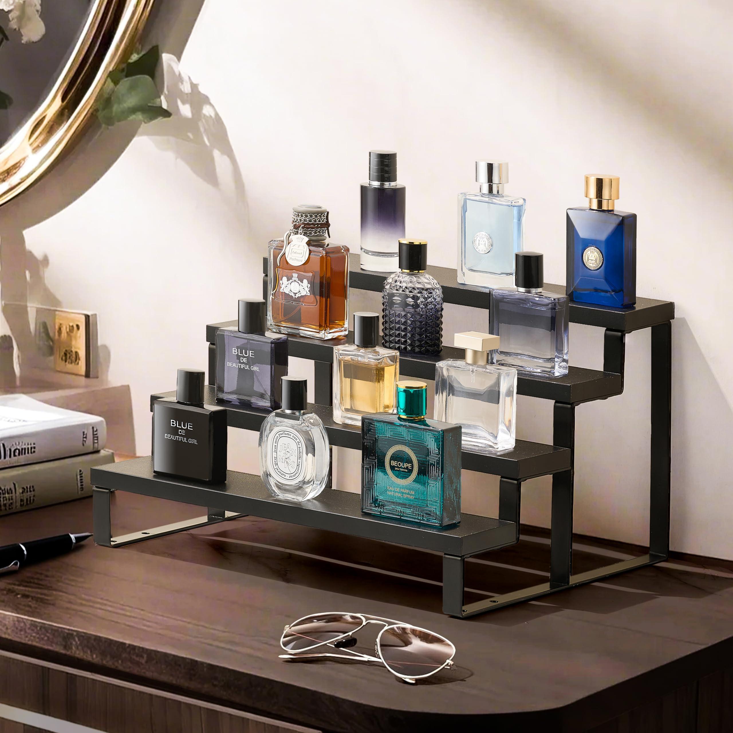 Wood Cologne Organizer for Men,12 Inch 4 Tier Cologne Stand Waterproof Perfume Organizer for Dresser with Anti-Slip Washers,Wooden Display Risers Stand for Party,Makeup,Figures,Cupcake,Perfume,Dessert - Image 2