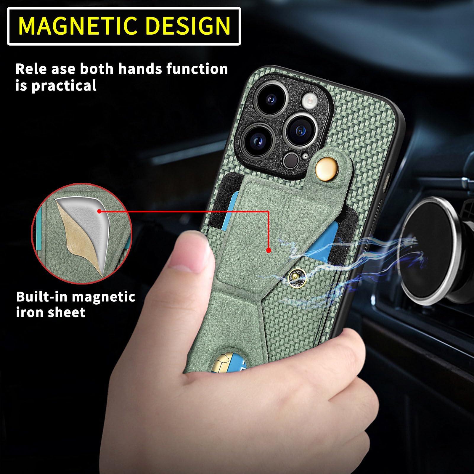 GuluGuru for iPhone 16 Pro Max Leather Phone Case Weave Pattern Back Cover, Flip Folding Kickstand Bracket Ring, Classic Buckle Button, Card Holder Slot, Support Magnetic Holder Brown - Image 7