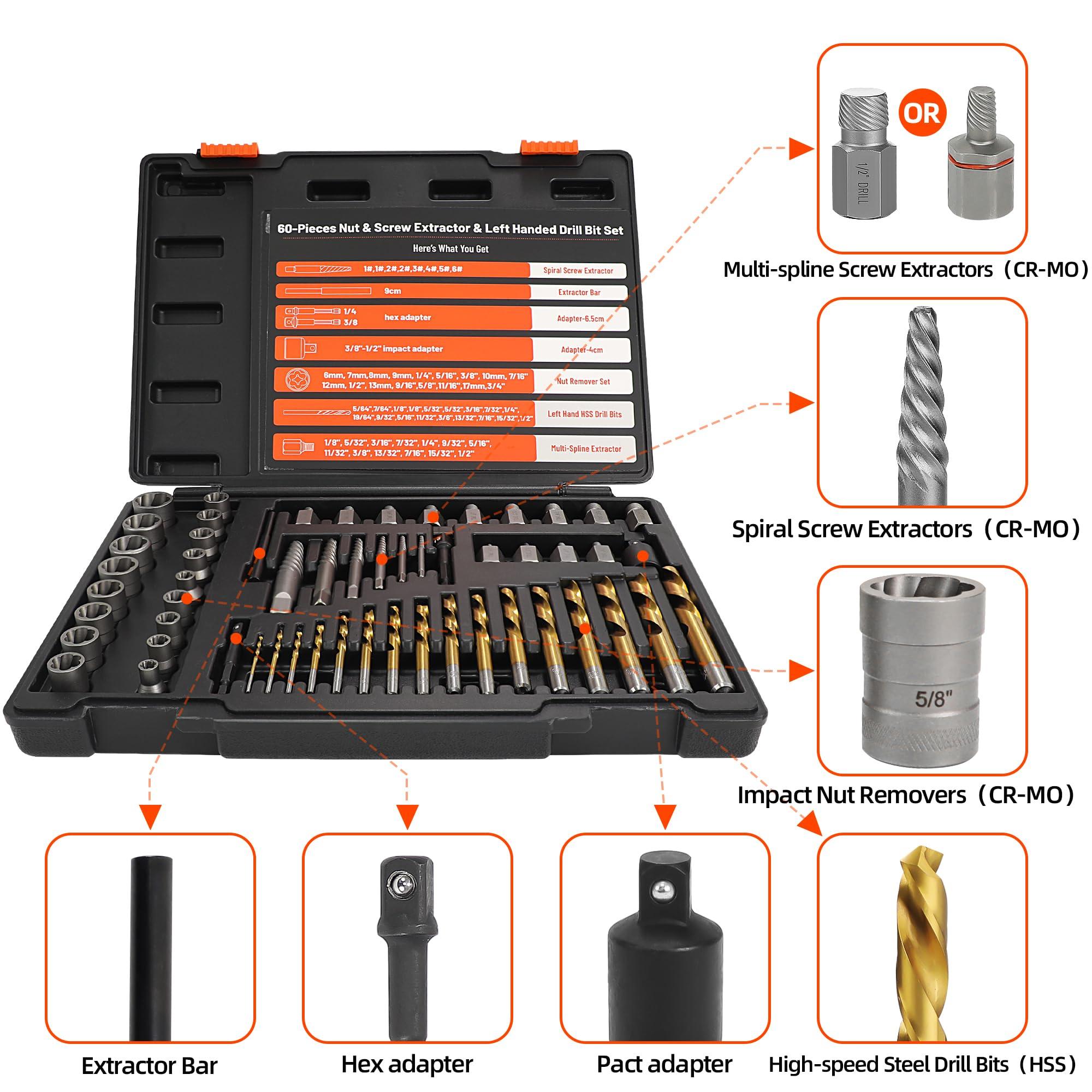 UYECOVE 56Pcs Spiral Screw Extractor Set, Left Hand Drill Bit Set, Easy Out Bolt Extractor Set with Hex Adapter, Multi-Spline Lug Nut Remover for Stripped, Rounded, Damaged, Broken Studs Bolts Screws - Image 2