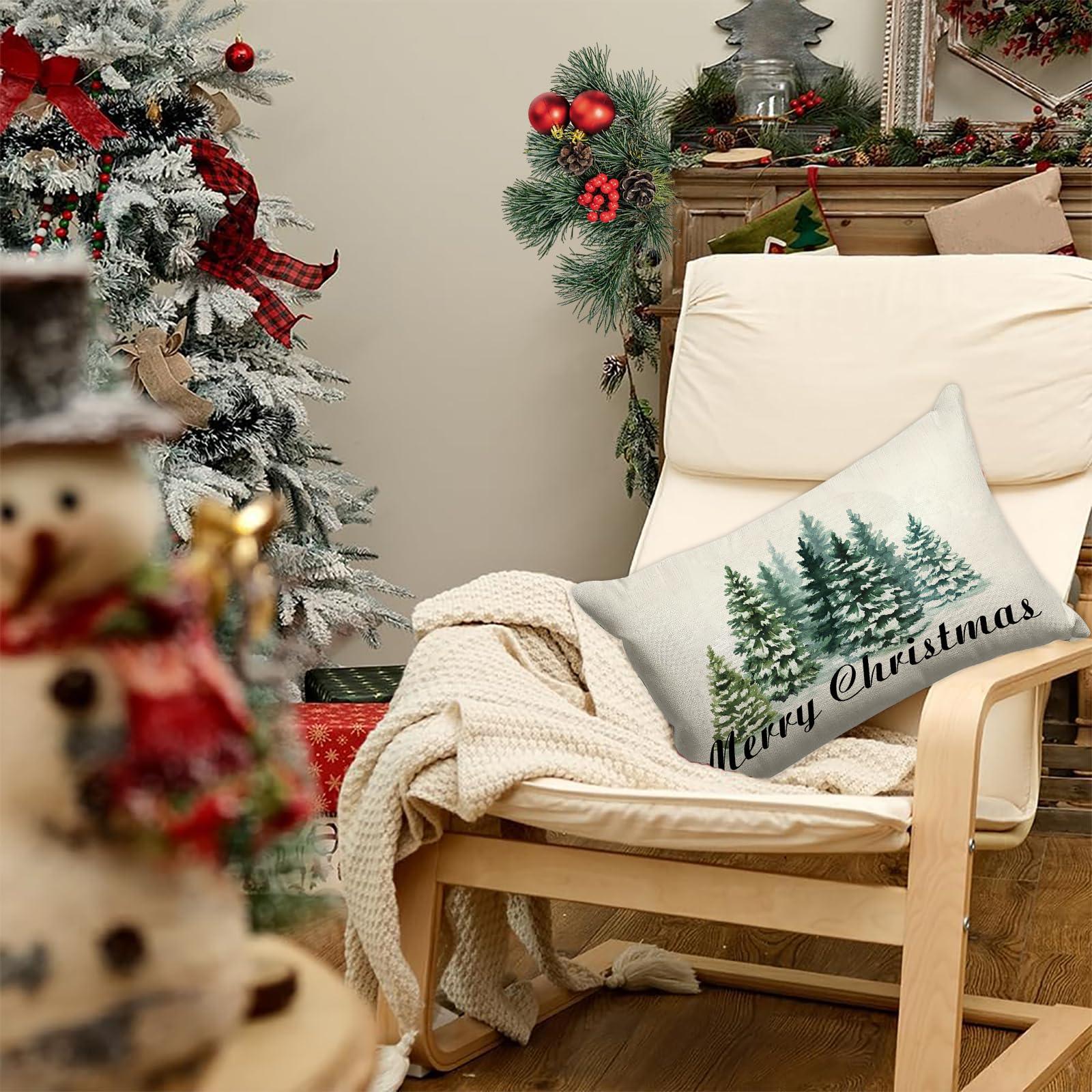 GOOESING Merry Christmas Pillow Covers 16x24 Inch Watercolor Green Christmas Tree Nature Forest Linen Decorative Throw Pillow Cover Cushion Case for Indoor Outdoor Home Sofa Bedroom Living Room - Image 4