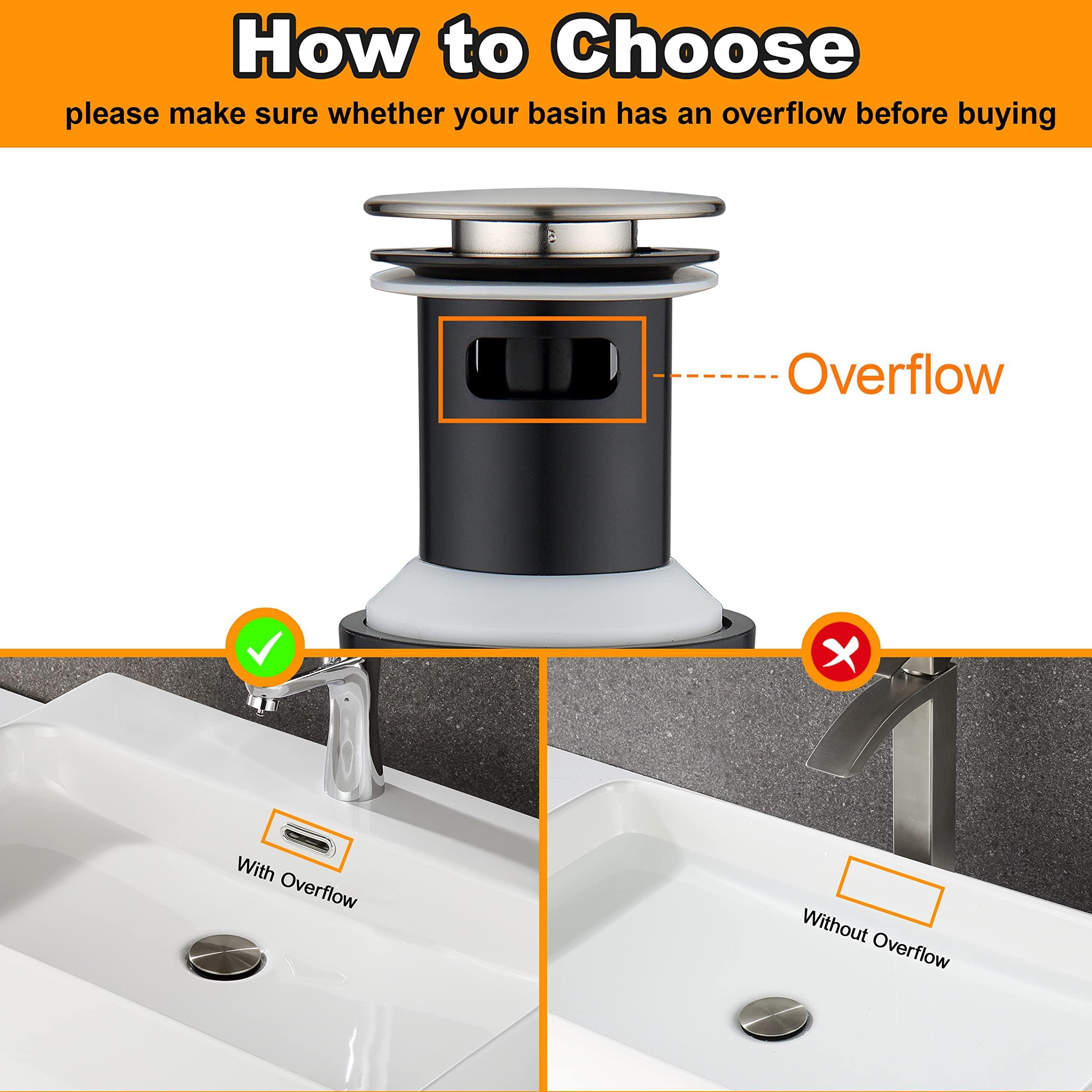 TIORIY Pop Up Bathroom Sink Drain - Bathroom Sink Stopper with Overflow for Faucet Vessel, Push Type Bathroom Sink Vanity Assembly with Strainer, Brushed Nickel - Image 3