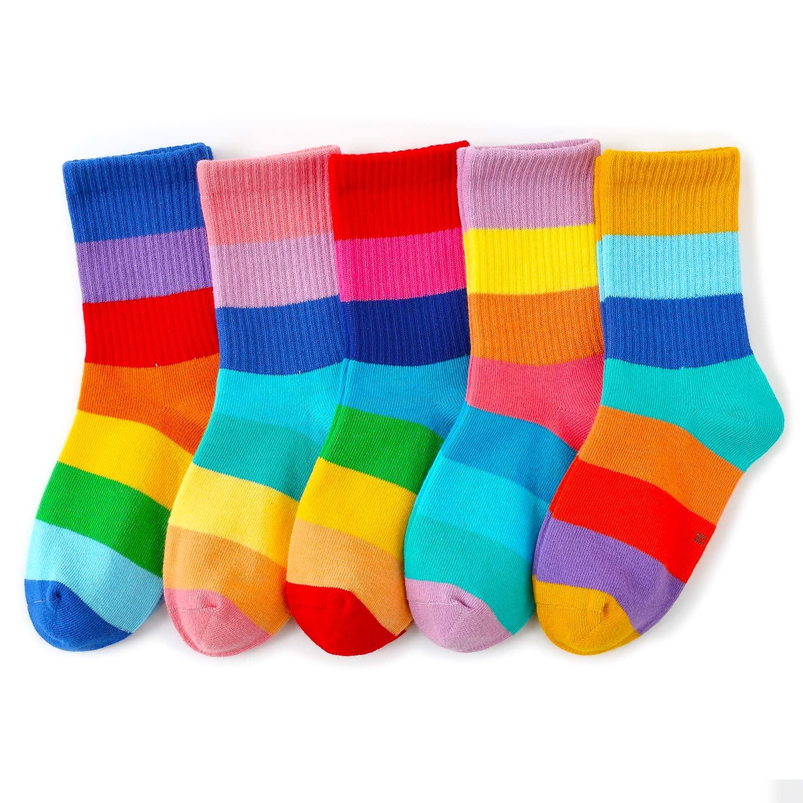 Hakugoo Kids Crew Socks - Seamless Rainbow Stripes for Boys Girls - Cotton Athletic Unisex Cute Fun Boot Socks - 5 Pairs