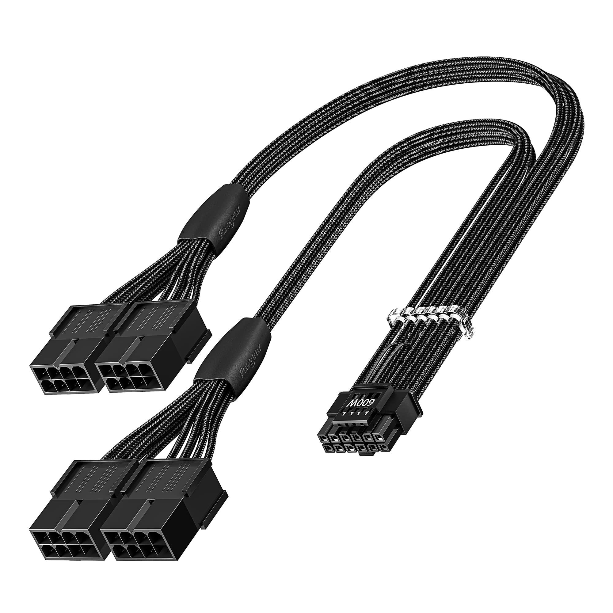 Fasgear 16pin GPU Cable to 4X 8 Pin Pcie Extension - PCI-e 5.0 12VHPWR Extender Cord 40cm Sleeved 12V-2x6 Cable for GeForce RTX 5090 5080 5070 5070Ti 4090 4080 4070ti 3090Ti (16AWG/Black)