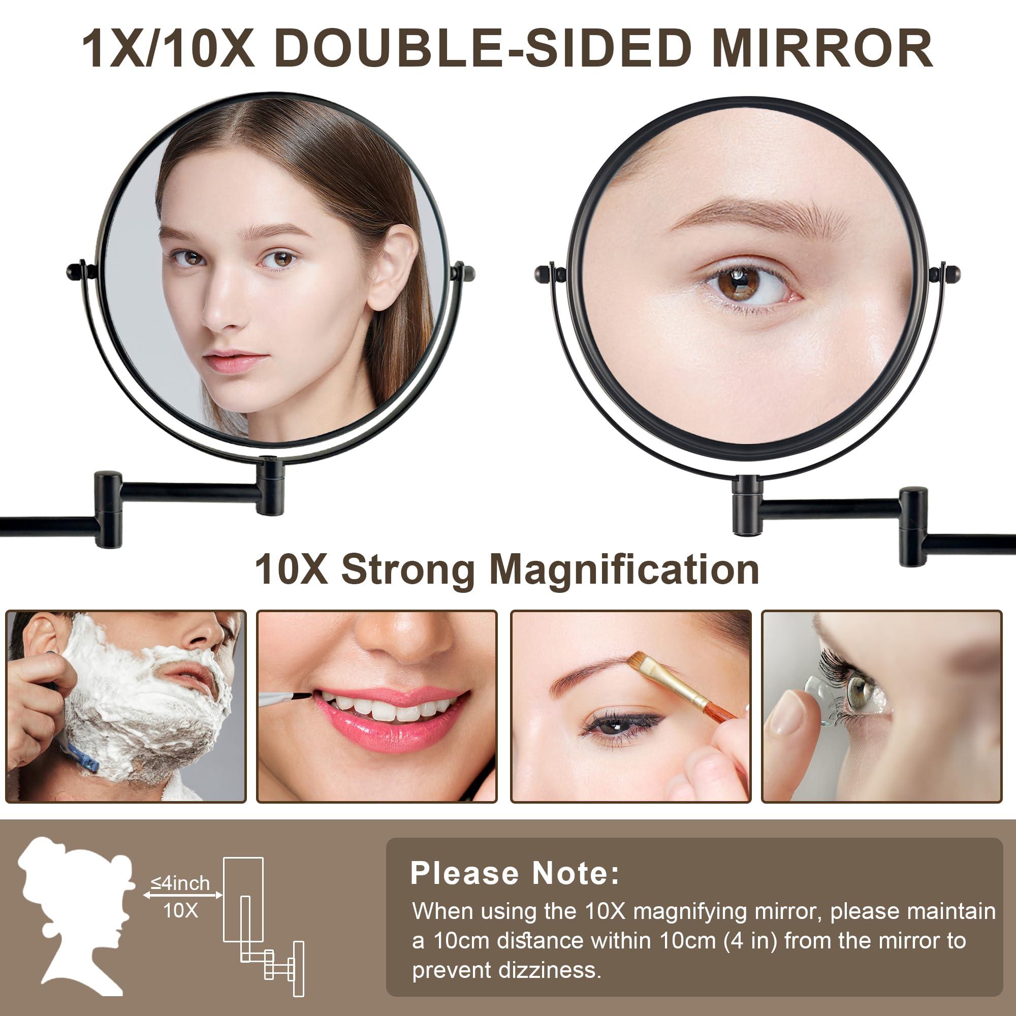 JANEEVA 8" Wall Mounted Makeup Mirror, 1X/10X Magnifying Mirror with 360° Extendable Arm, Double Sided Bathroom Vanity Mirror for Man & Woman (Matte Black) - Image 4