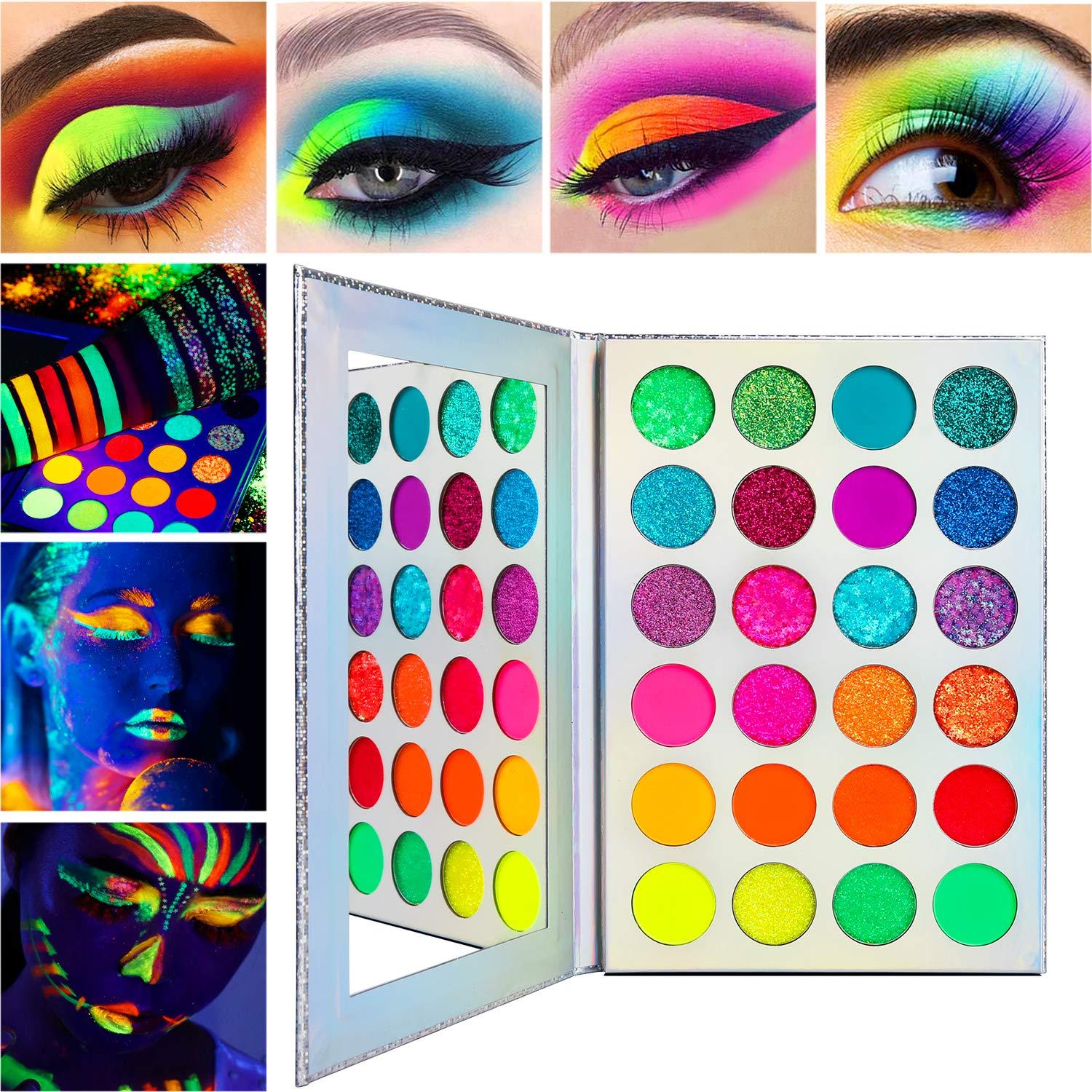 DE'LANCI Neon Eyeshadow Palette Glow in the Dark, Aurora Glow Eyeshadow Pallets Stage, Halloween Christmas Makeup Kit UV Blacklight Matte and Glitter Fluorescent Eye Shadows Highly Pigment - Image 5
