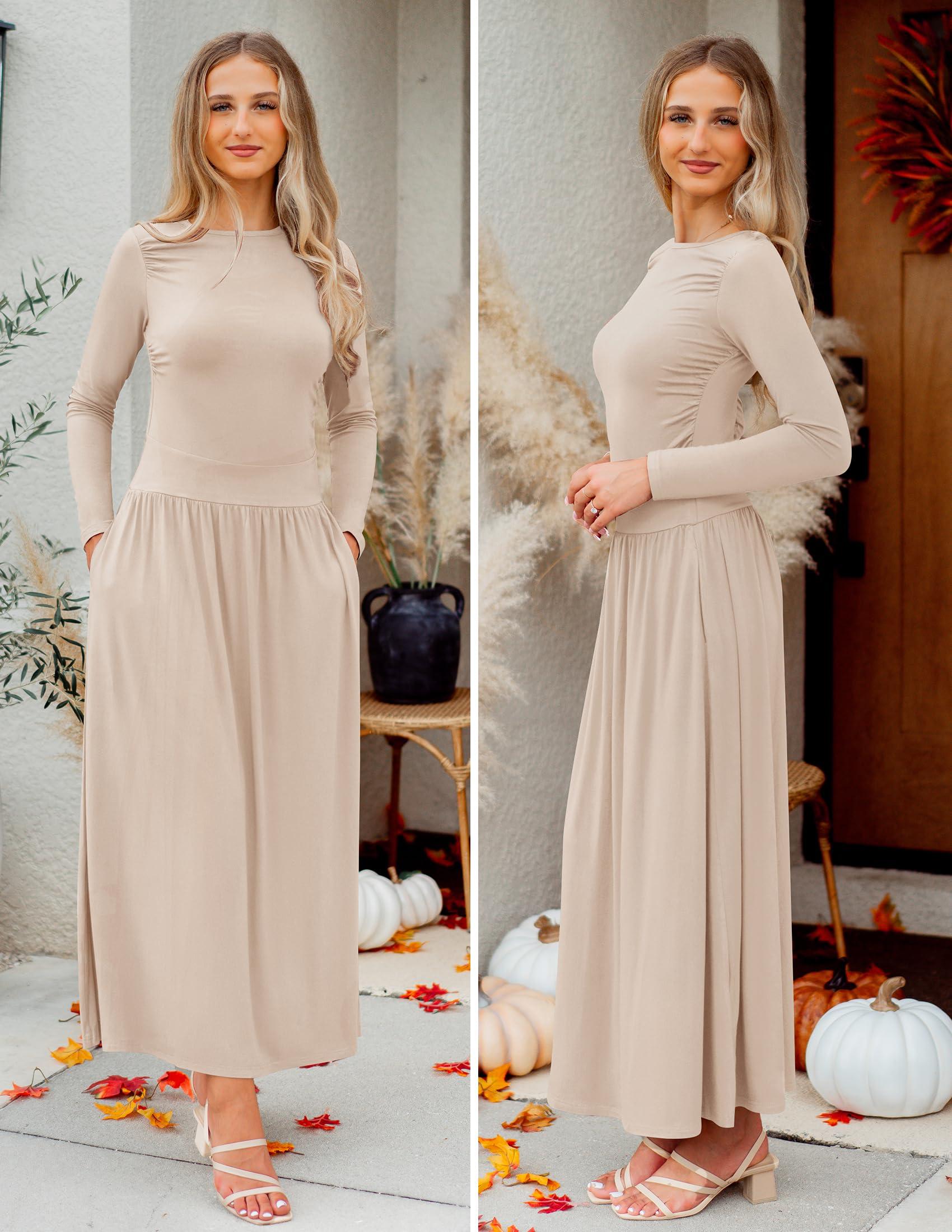 ZESICA Women's Long Sleeve Spring Maxi Dress 2025 Crewneck Knit Casual Slim Swing Pleated Dresses with Pockets - Image 4