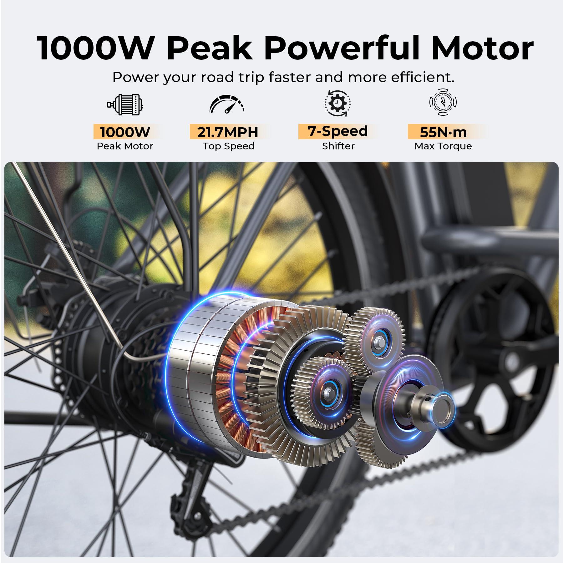 Funhang Electric Bike for Adults, 1000W Peak Ebike, 21.7MPH 50Miles City Cruiser Ebikes, 26" Step Thru Electric Bicycle with 48V Removable Battery, Adjustable Stem, Rear Rack, Front Suspension,7 Speed - Image 2