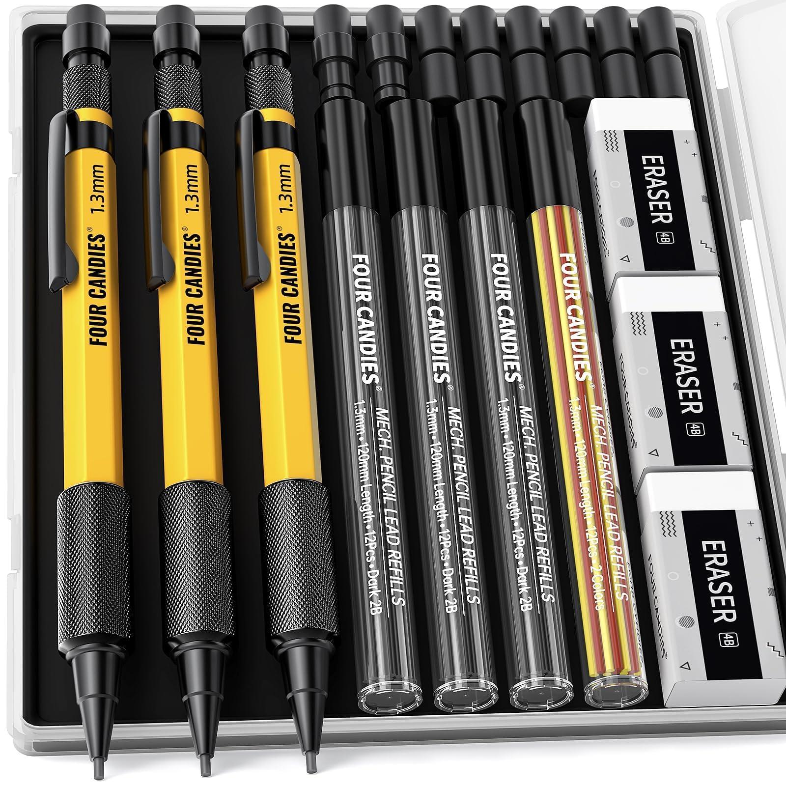 Four Candies 3PCS 1.3mm Mechanical Pencil Set with Case, Metal Heavy Duty Carpenter Pencils with 48 Refill(Red,Black,Yellow) 3Eraser, 12Eraser Refill, Weatherproof Body Outdoor Woodworking Marking