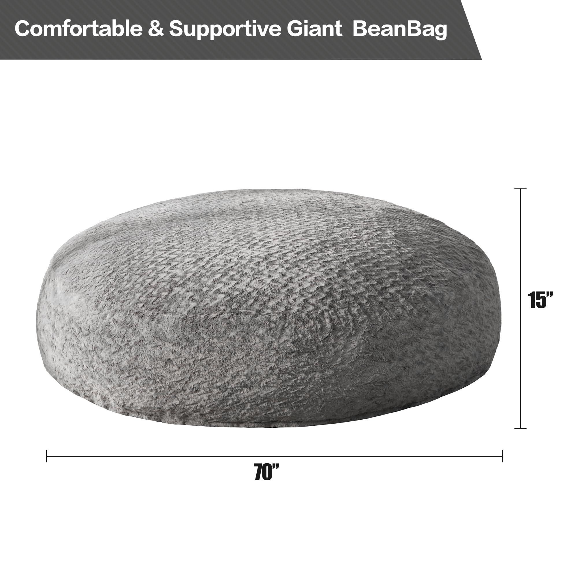 Hobestluk 6ft Bean Bag Chairs for Adults Large Beanbag Chair with Chevron Plush Fur Cover Big Bean Bag Chair for Living Room Bedroom Dorm Office - Grey (70" x 70" x 15") - Image 2