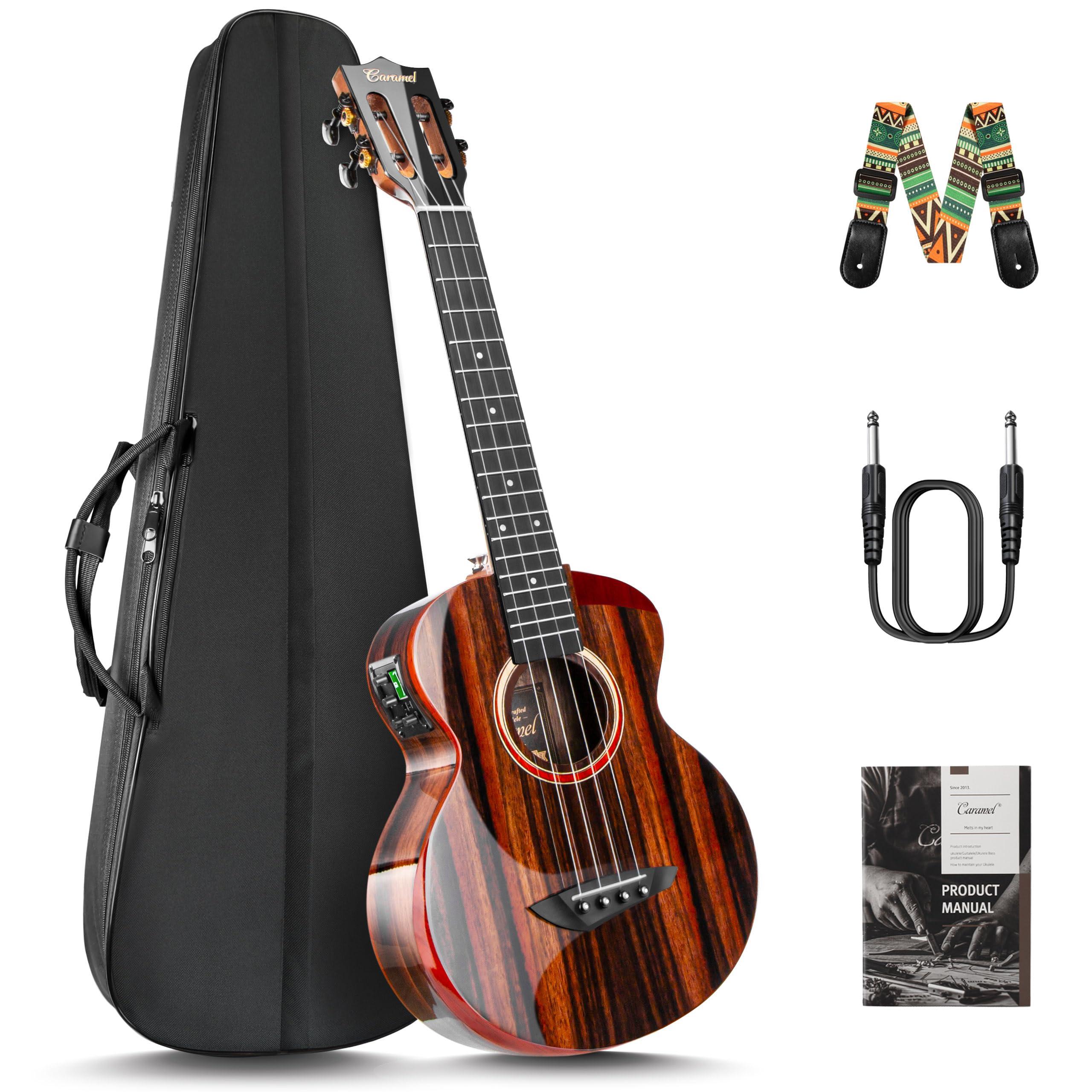 Caramel TEG91 Cuteway Ebony Glossy Tenor Acoustic & Electric Ukulele with Armrest | 26-inch Handmade Professional Ukelele Kit with Accessories
