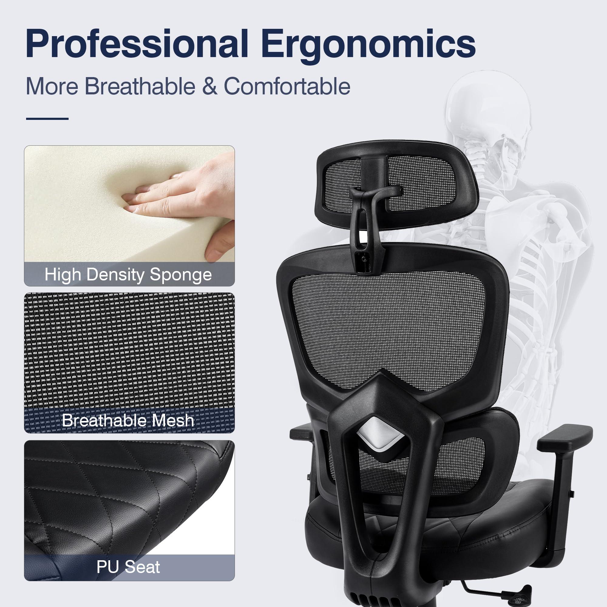 VECELO Swivel Ergonomic High Back Mesh Office Chair with Adjustable Headrest Armrest, Backrest Tilt Function, Lumbar Support for Executive/Computer Desk/Task Work - Image 5