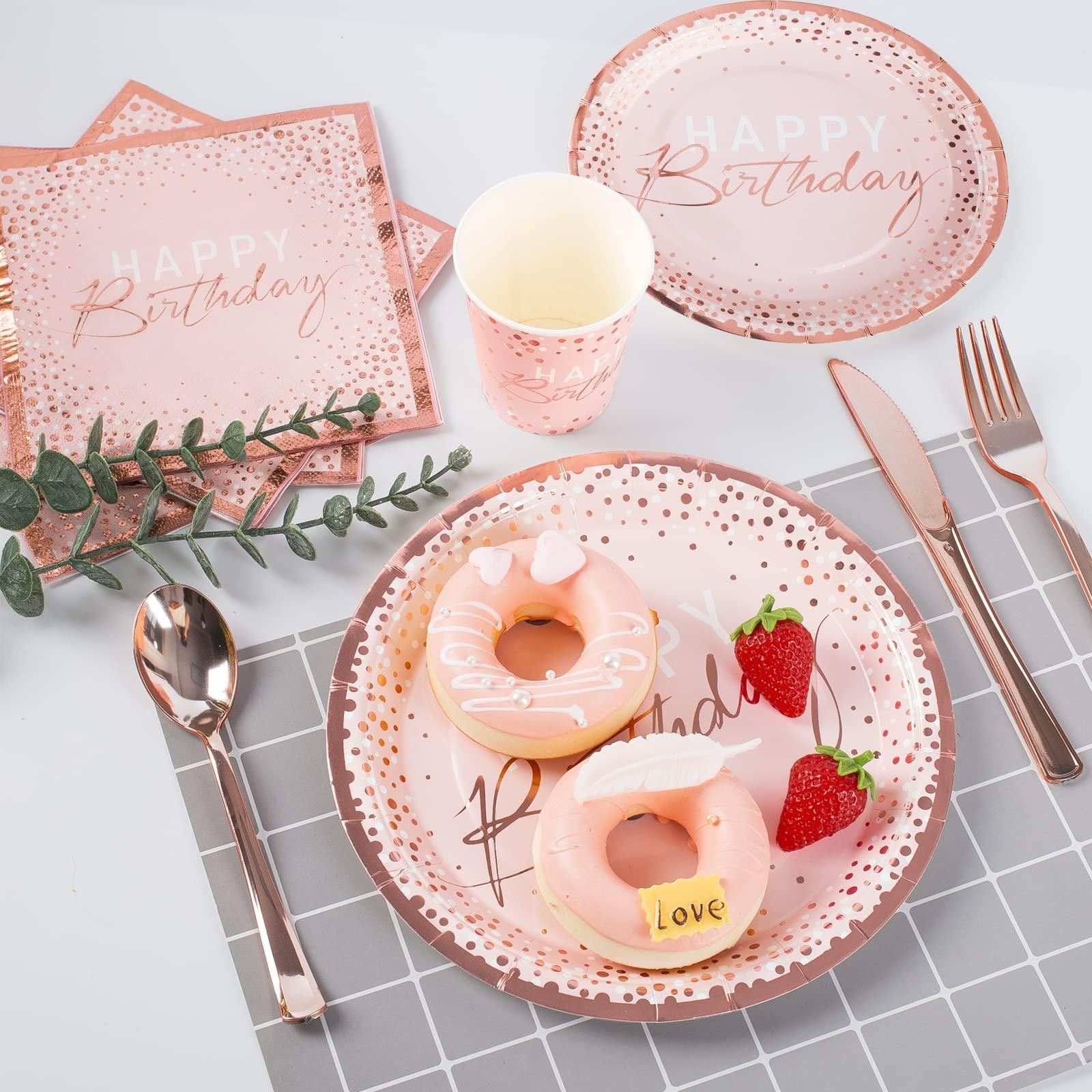 175PCS Happy Birthday Plates and Napkins Party Supplies, Paper Pink and Rose Gold Plastic Forks Knives Spoons Serve 25 Guests for Girl Women - Image 6