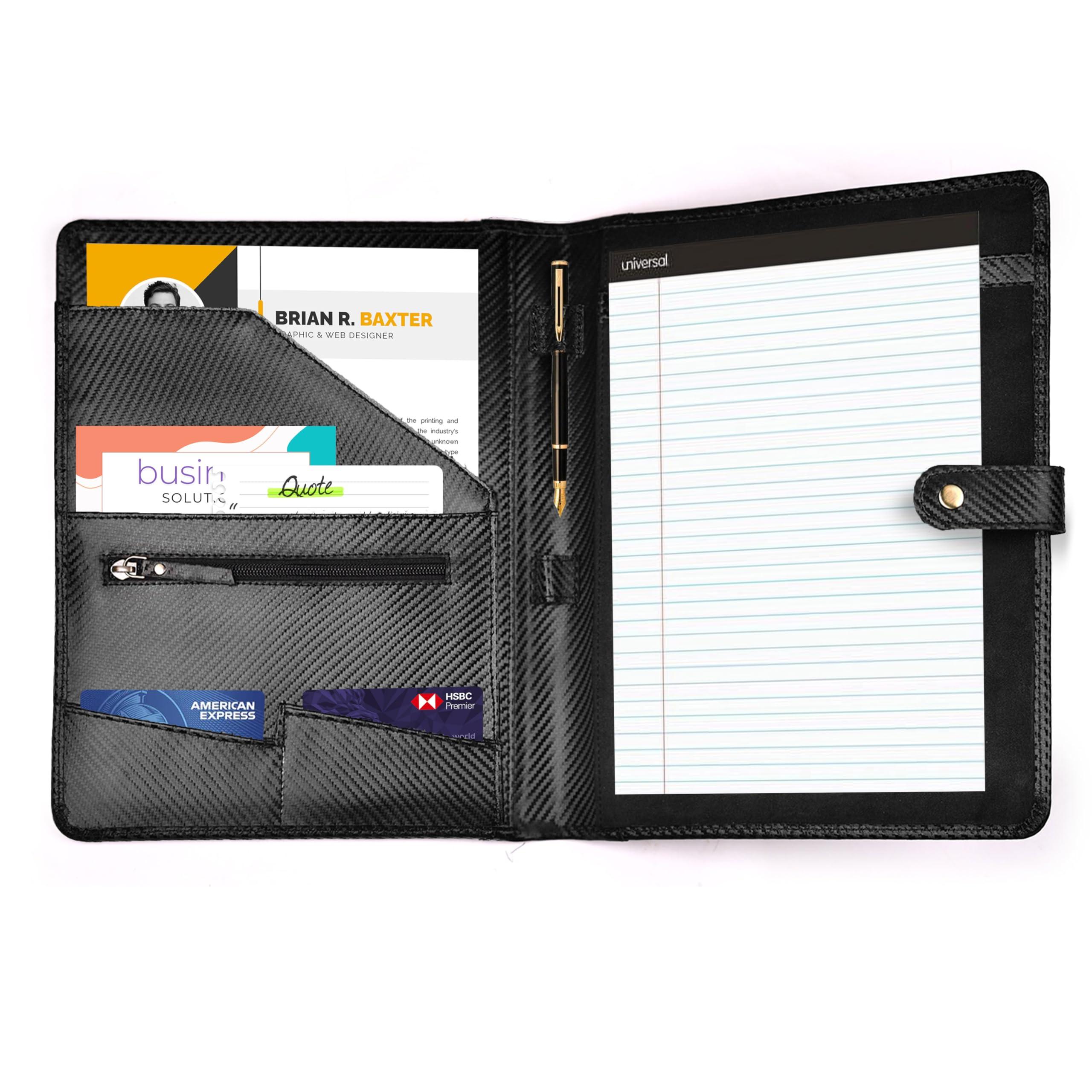 LEATHER VILLAGE Portfolio Professional Organizer – Carbon Fiber Genuine Leather Padfolio Resume Folder for A4 Letter Pad with Pen Holder, Business Card Slots – Ideal for Men & Women - Black - Image 3