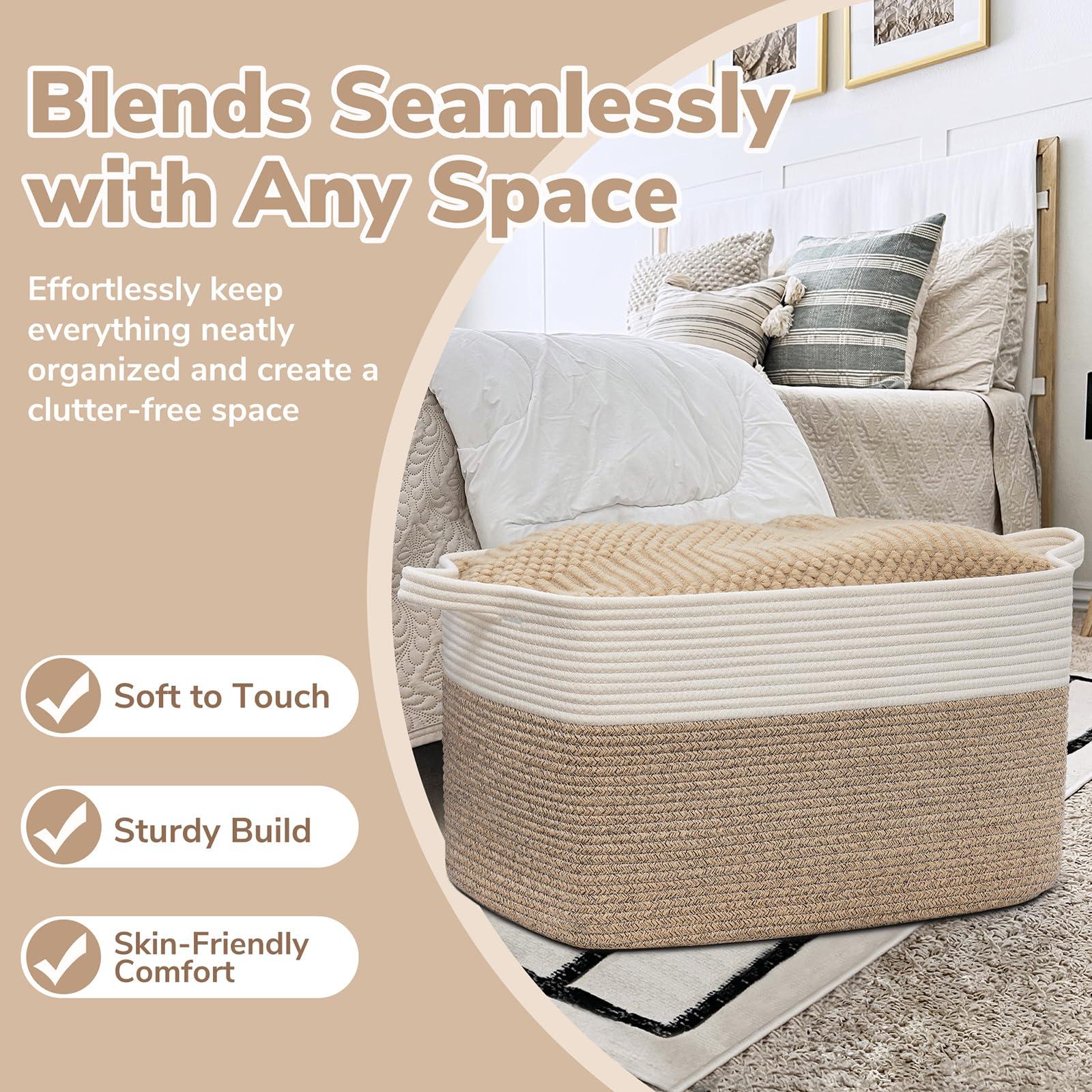 Goodpick Large Woven Blanket Basket, 21.6" x 14.9" x 11.8" Storage Baskets for Organizing, Rectangle Cotton Rope Toy Basket for Living Room, Bedroom, White & Brown - Image 5