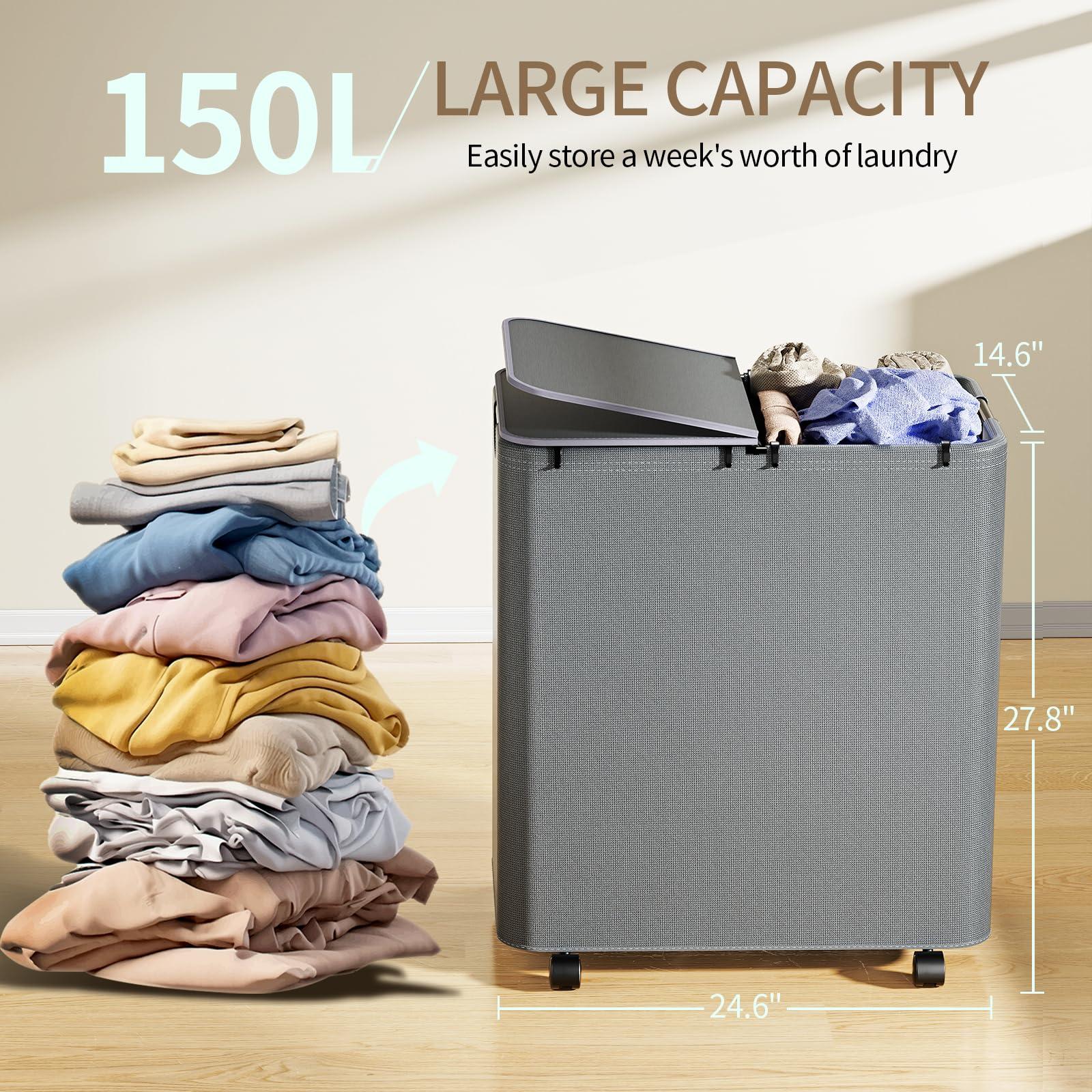 Yecaye 150L Laundry Hamper with Wheels, Rolling Laundry Basket with Lid and 2 Removable Laundry Bag, Large Capacity 2 Section Clothes Hampers for Laundry Room, Bedroom, Bathroom, Dorm, Grey - Image 3