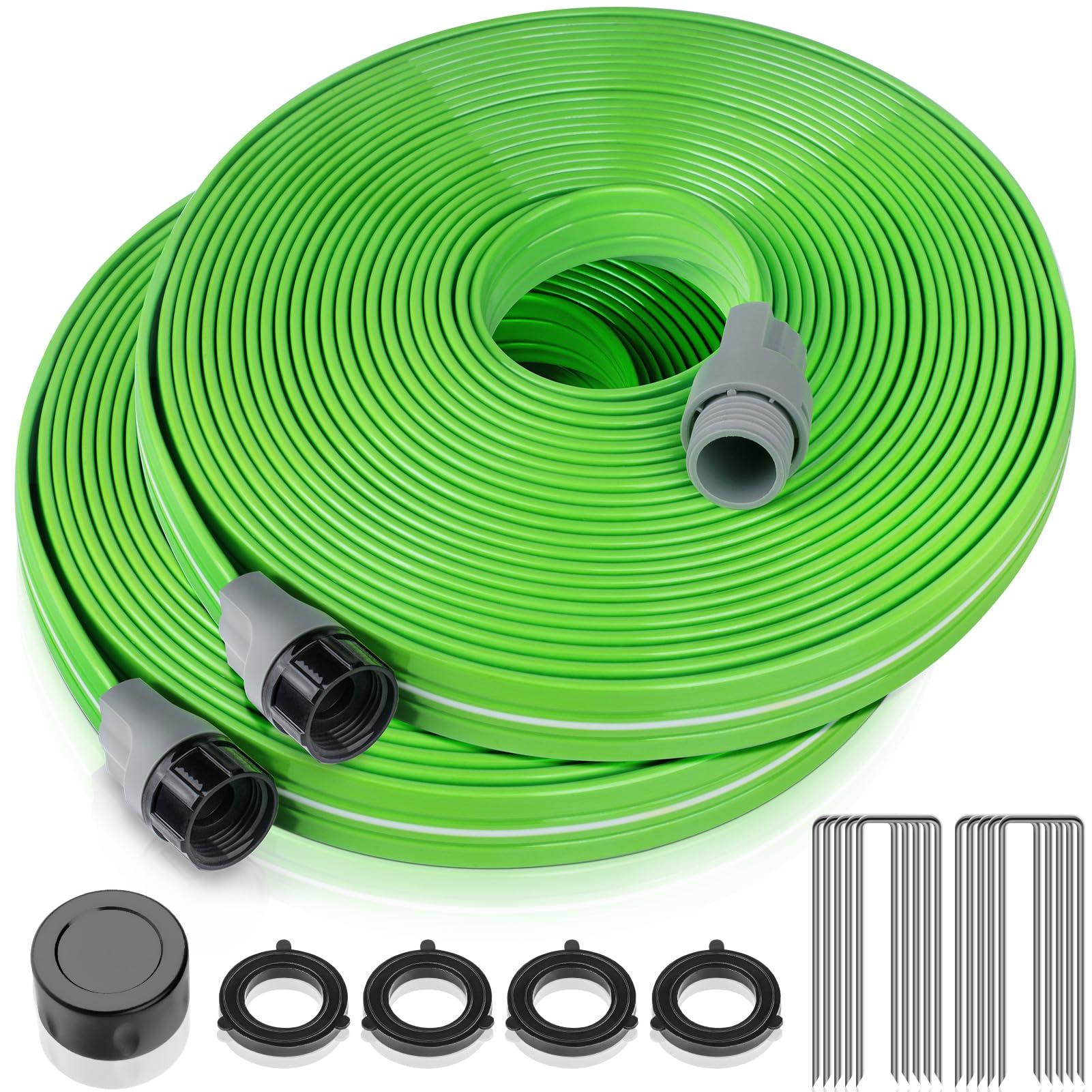 LAVEVE Sprinkler Soaker Hose for Yard 100 FT, Heavy Duty Garden Water Hoses with Stakes, Sprinklers System for Lawn, Flexible Drip Irrigation Tubing (50FT x 2 Pack)
