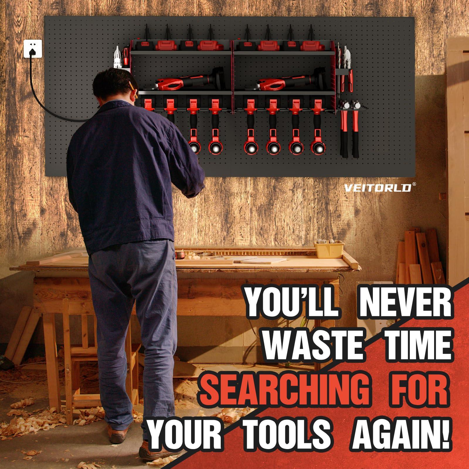 Veitorld Power Tool Organizer with Charging Station - 4 Drill Holders - Heavy Duty Modular Wall Mount Rack for Garage, Tool Storage Organizer - Gifts for Him Men Dad Husband Anniversary - Image 7